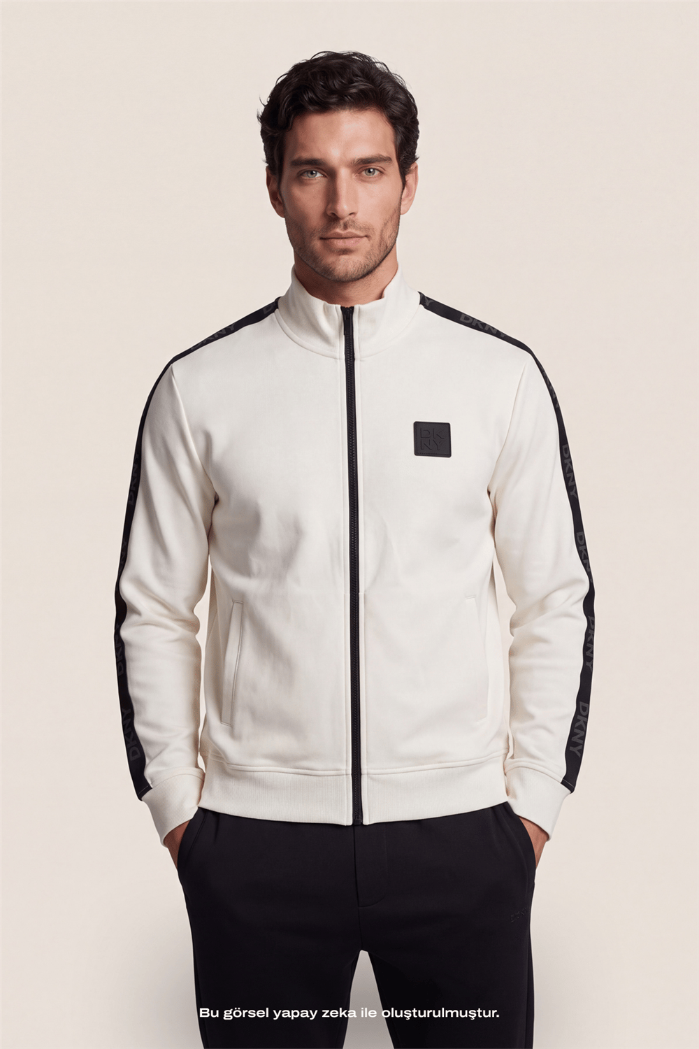 DKNY Jacquard Tape Fullzip Sweatshirt Erkek Fermuarlı Sweatshirt Beyaz