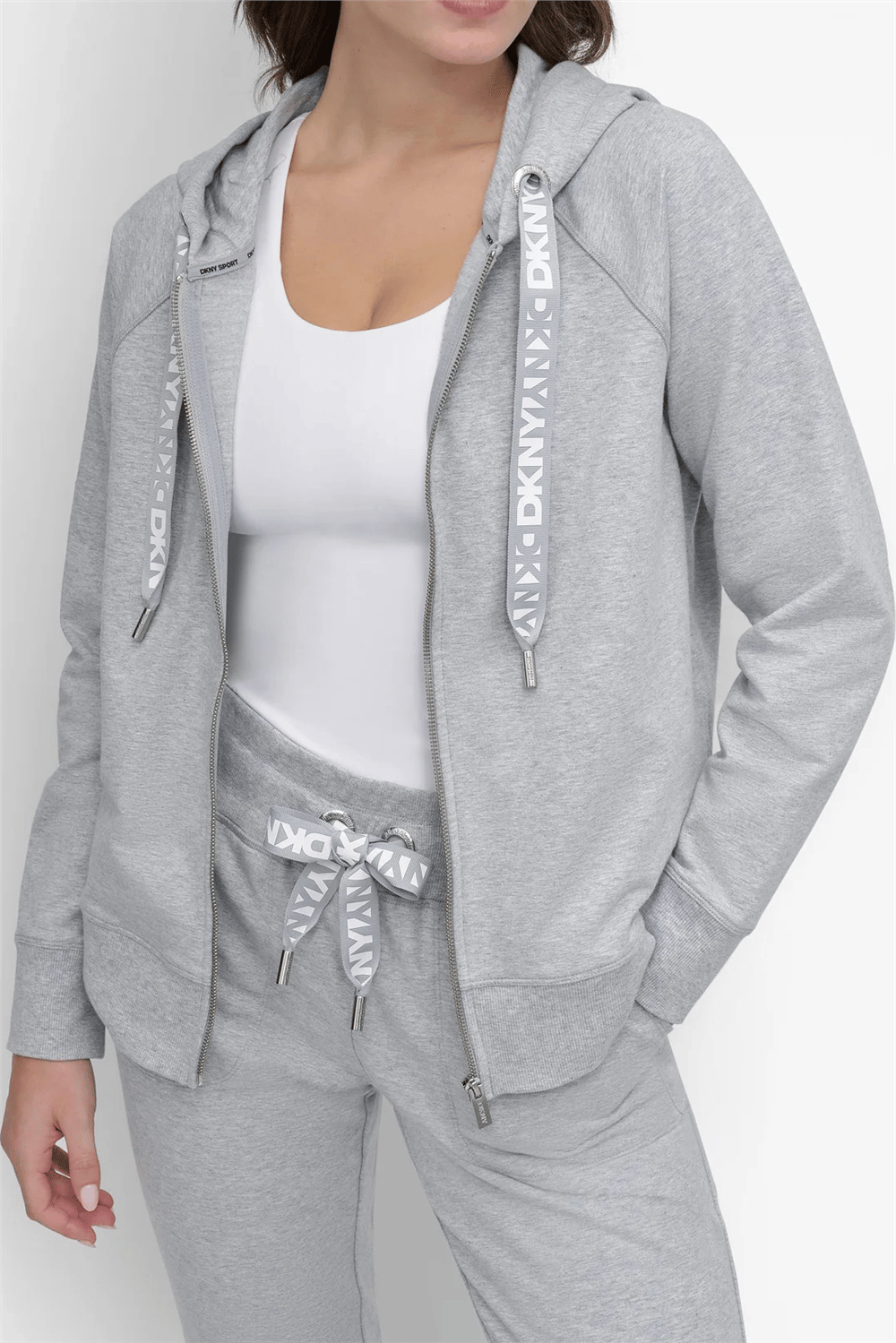 DKNY Kadın Two Tne Logo Zip Jkt Kapüşonlu Sweatshirt Gri