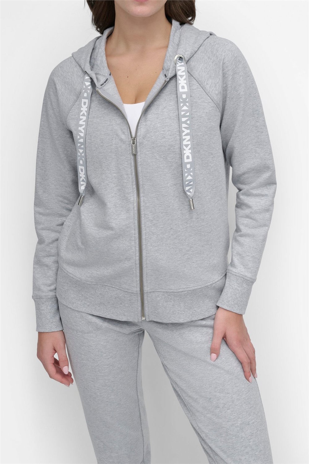 DKNY Kadın Two Tne Logo Zip Jkt Kapüşonlu Sweatshirt Gri