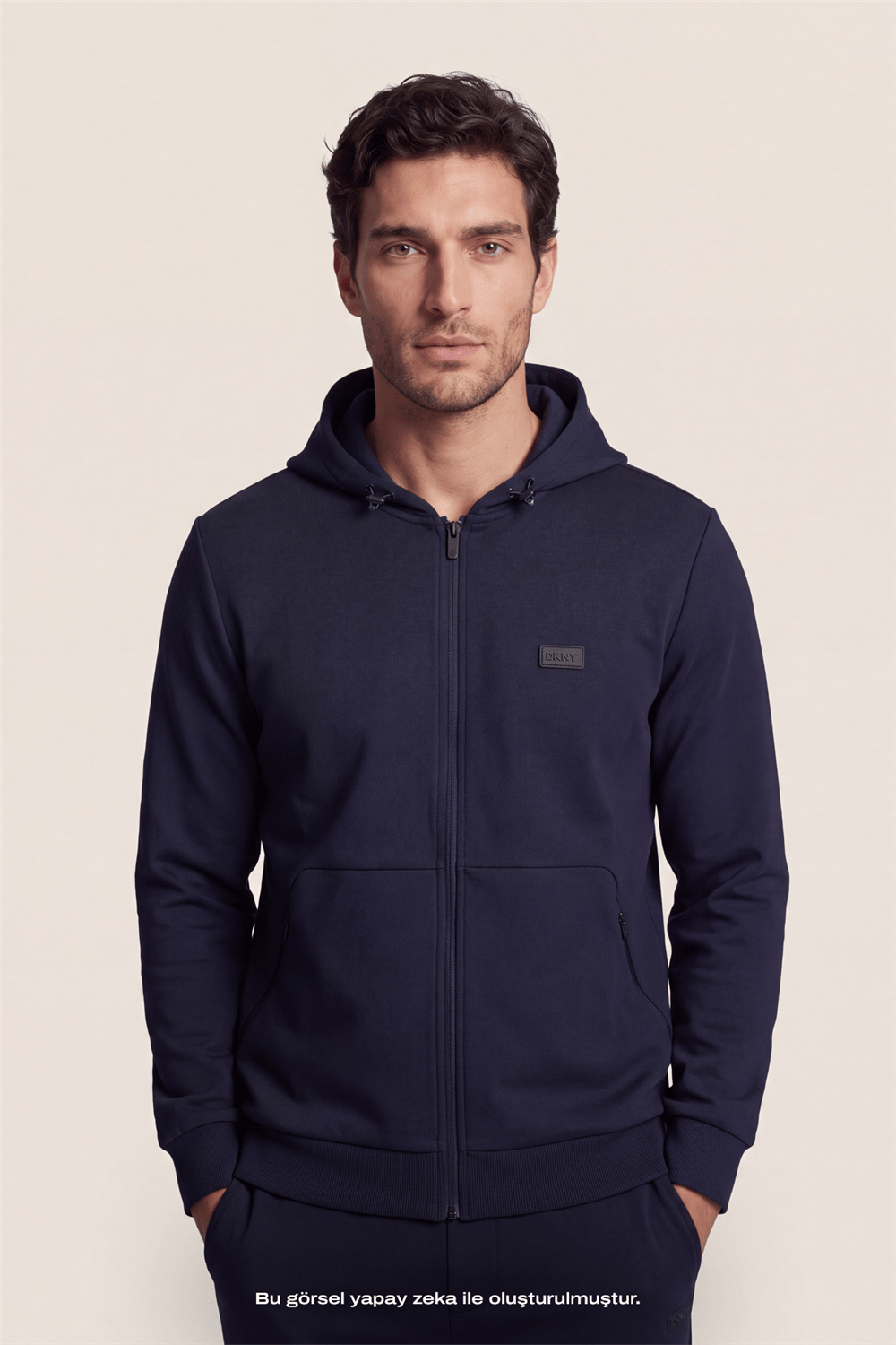 DKNY Logo Patch Hoodie Erkek Kapüşonlu Sweatshirt Lacivert