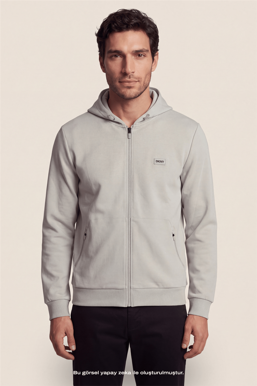 DKNY Logo Patch Hoodie Erkek Kapüşonlu Sweatshirt Taş Rengi