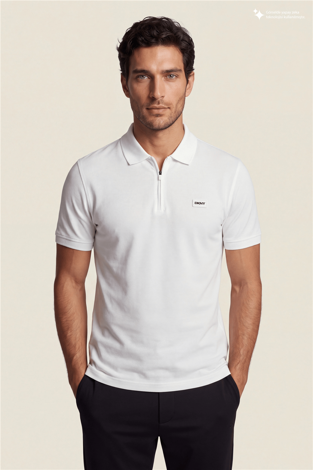 DKNY Quarter Zip Polo Erkek Polo Yaka T-Shirt Beyaz