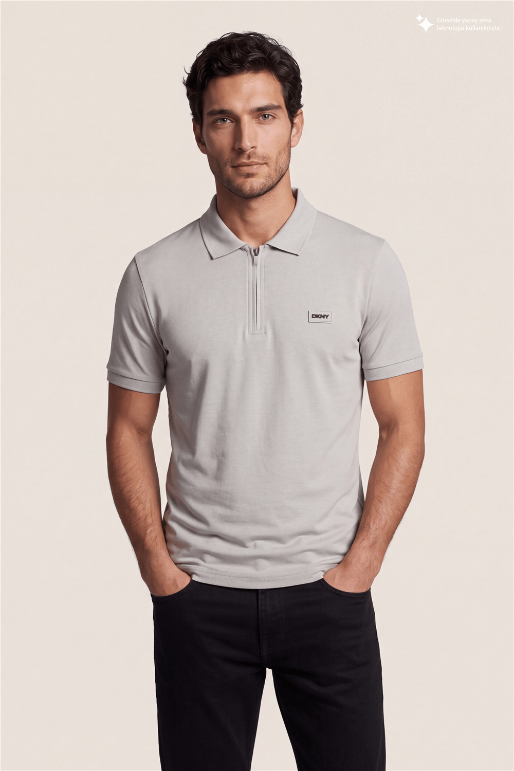 DKNY Quarter Zip Polo Erkek Polo Yaka T-Shirt Taş Rengi