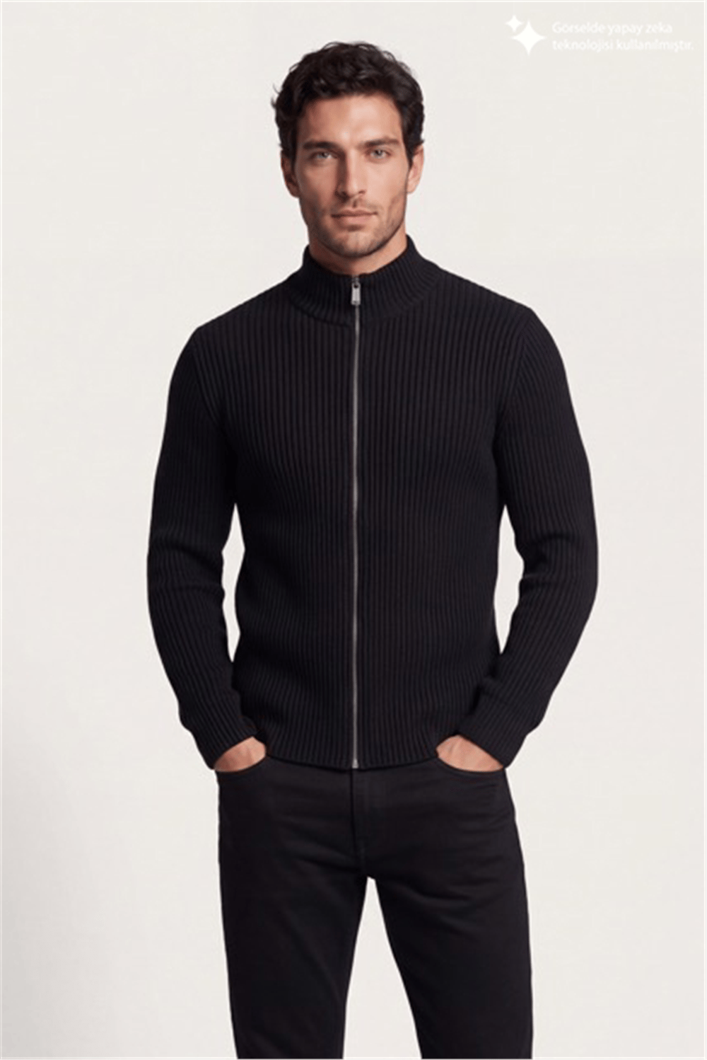 DKNY Ribbed Full-Zip Knit Sweater Erkek Triko Siyah