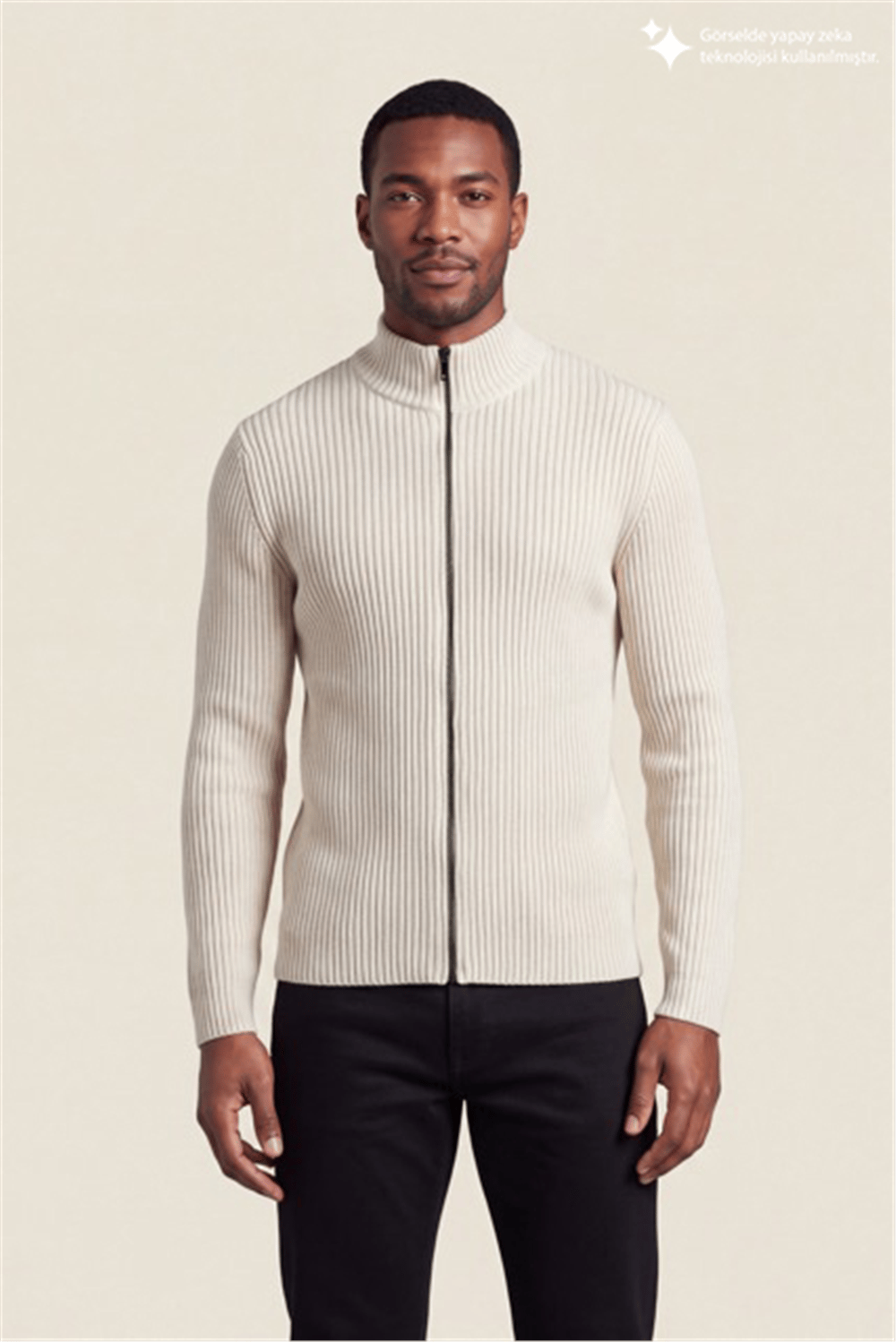 DKNY Ribbed Full-Zip Knit Sweater Erkek Triko Beyaz