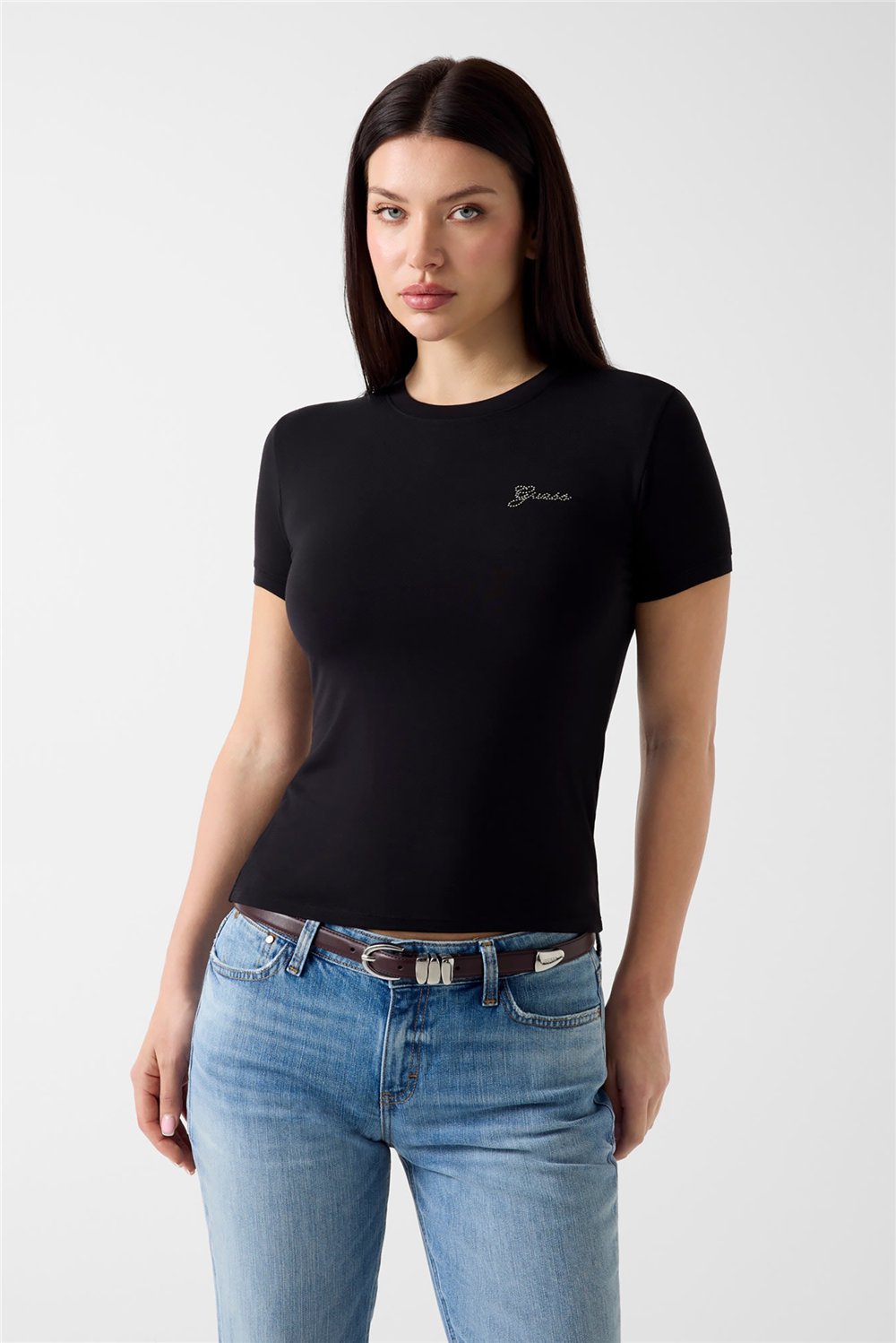 Guess Miny Kadın Modal Slim Fit Bisiklet Yaka T-Shirt Siyah