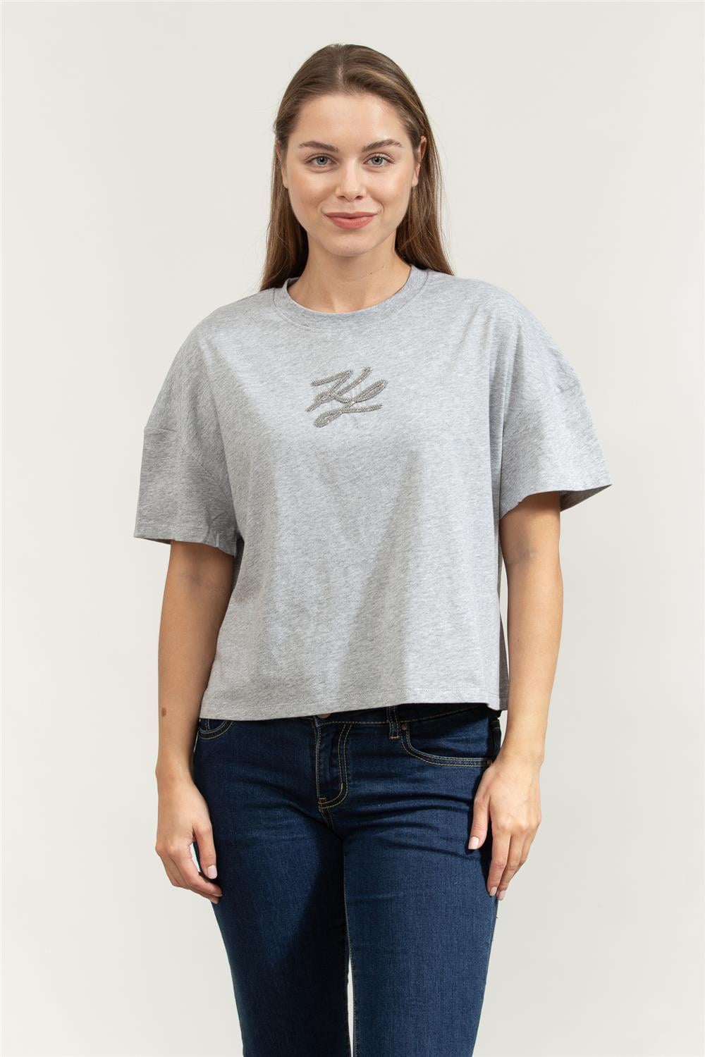 Karl Lagerfeld Autograph Sequins Kadın Bisiklet Yaka T-Shirt