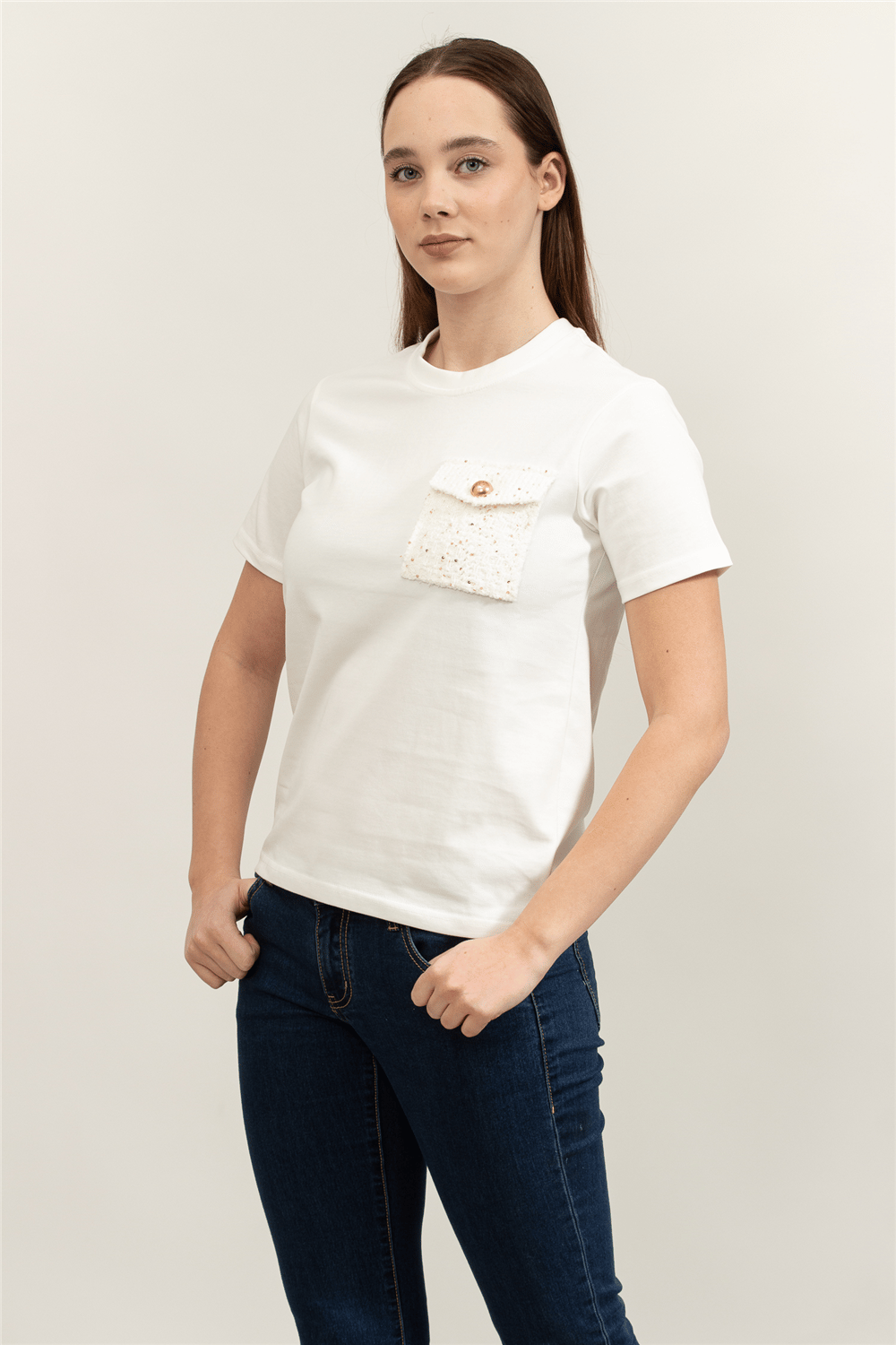 Karl Lagerfeld Boucle Knit Pocket Kadın Bisiklet Yaka T-Shirt