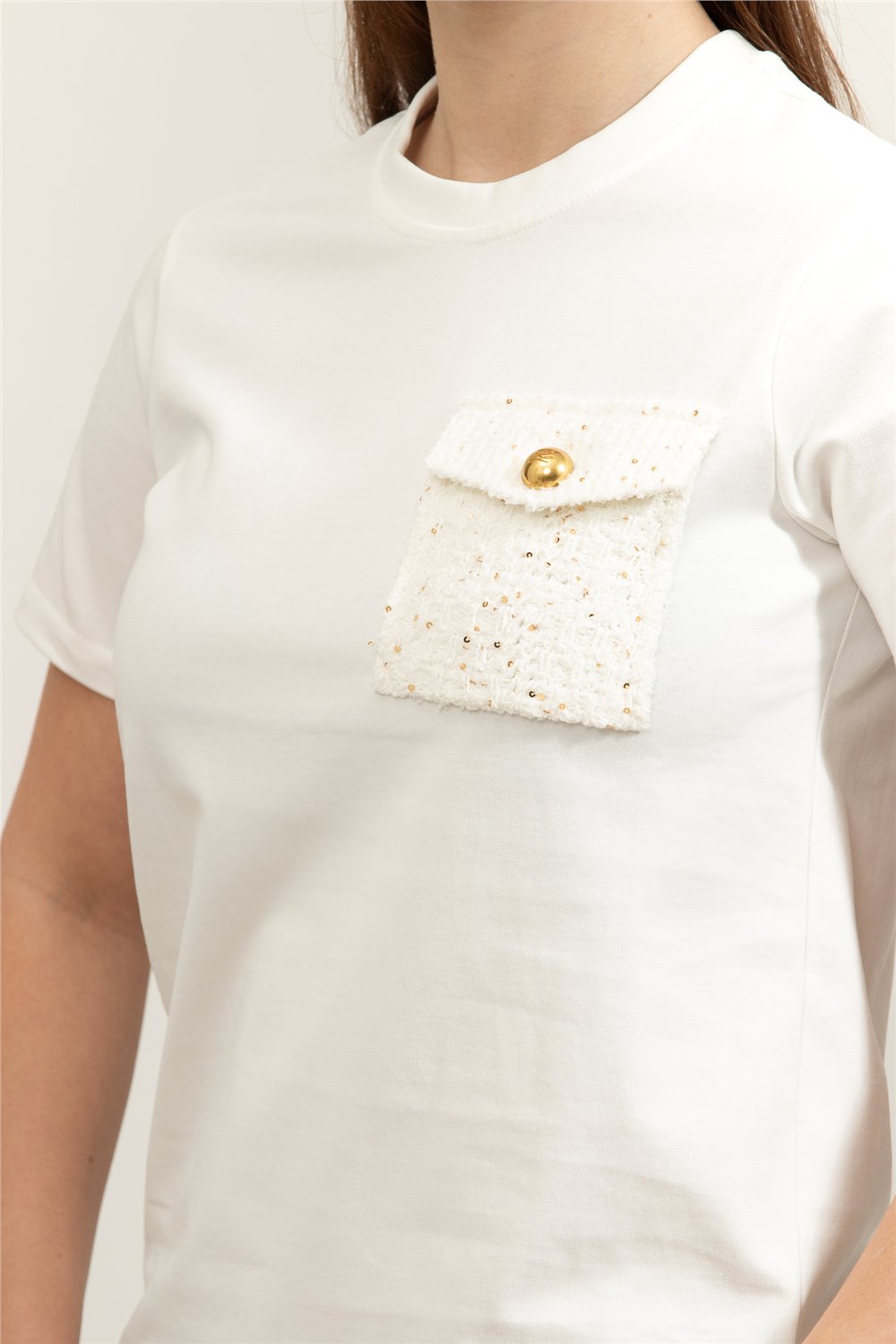 Karl Lagerfeld Boucle Knit Pocket Kadın Bisiklet Yaka T-Shirt
