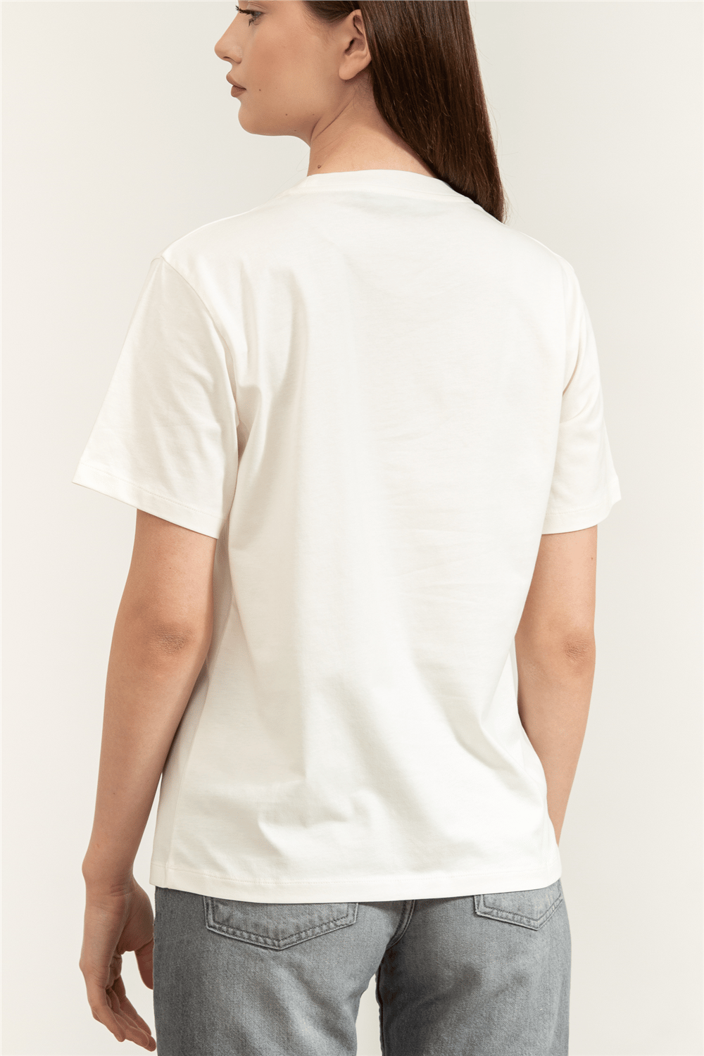 Karl Lagerfeld Embroidery Detail T-Shirt Kadın Bisiklet Yaka T-Shirt Krem