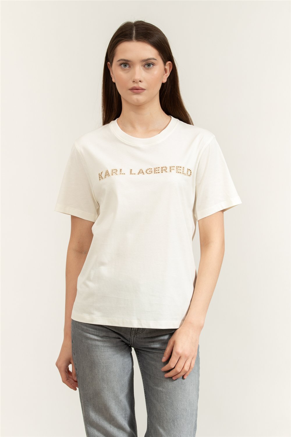 Karl Lagerfeld Embroidery Detail T-Shirt Kadın Bisiklet Yaka T-Shirt Krem