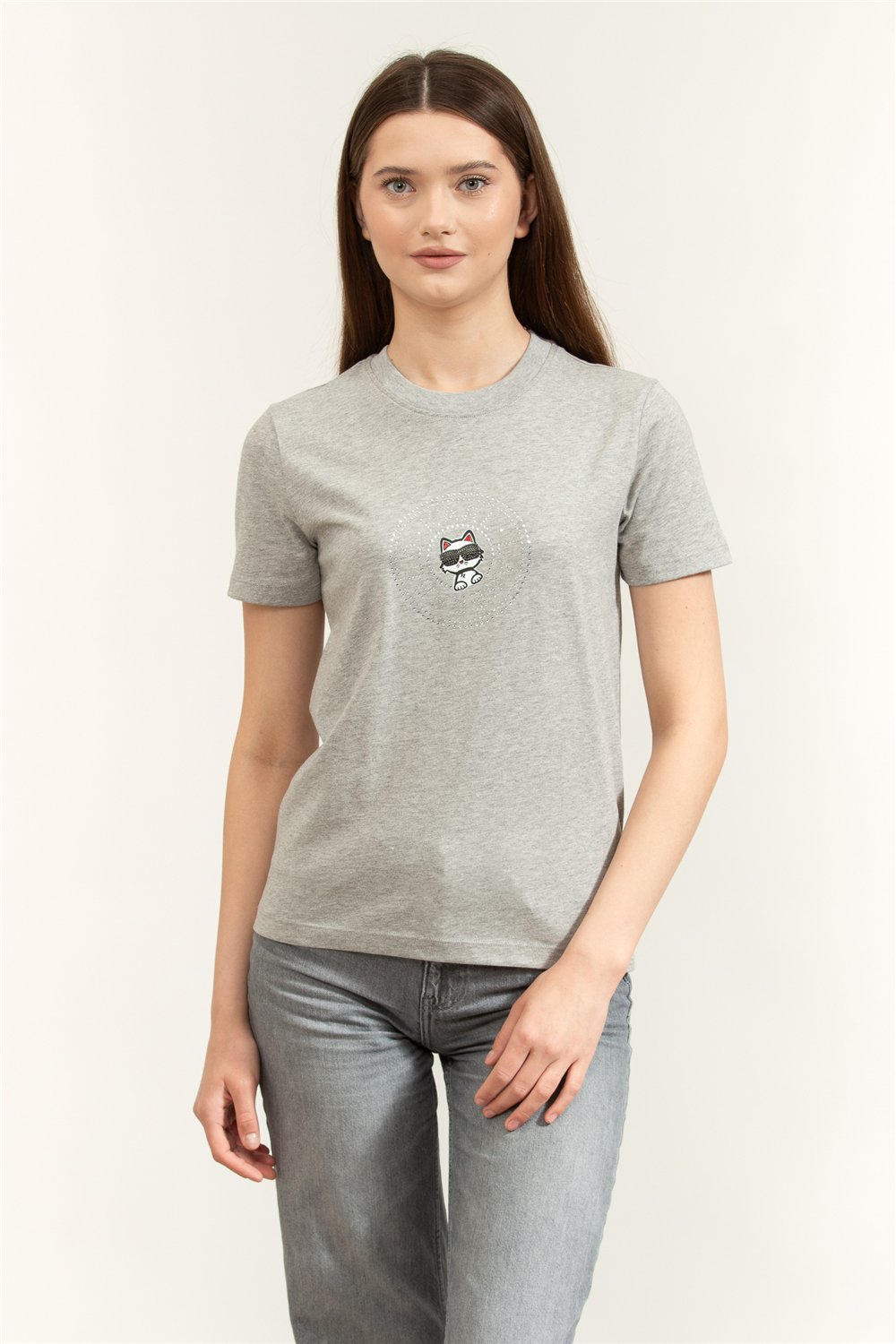 Karl Lagerfeld ikon Rs Circle Melange T-Shirt Kadın Bisiklet Yaka T-Shirt Gri