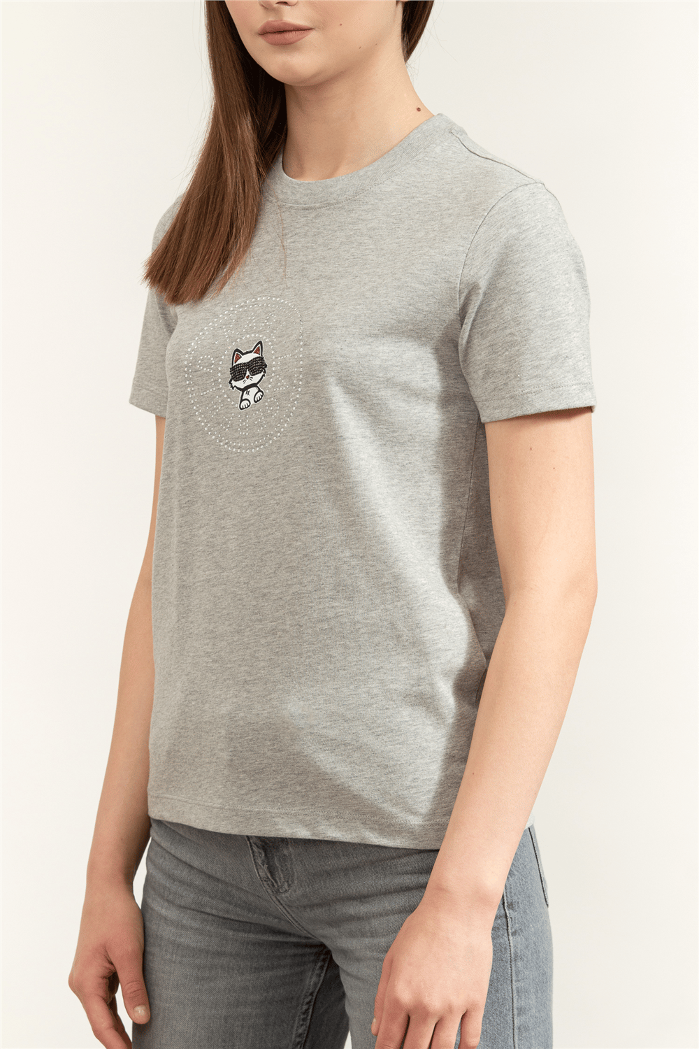 Karl Lagerfeld ikon Rs Circle Melange T-Shirt Kadın Bisiklet Yaka T-Shirt Gri