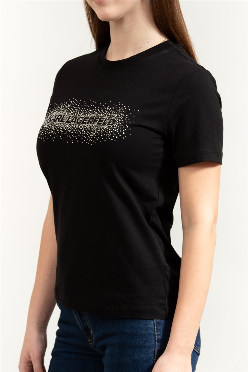 Karl Lagerfeld Logo Rhinestone Kadın Bisiklet Yaka T-Shirt