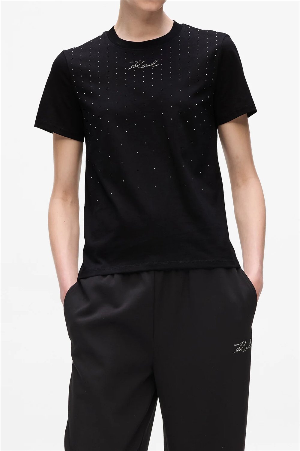 Karl Lagerfeld Rhinestone Rain Kadın Bisiklet Yaka T-Shirt Siyah