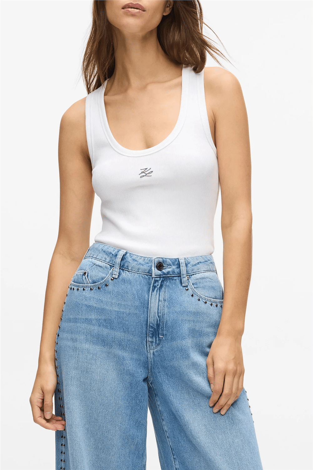 Karl Lagerfeld Ribbed Tank Top Kadın Kolsuz T-Shirt Beyaz