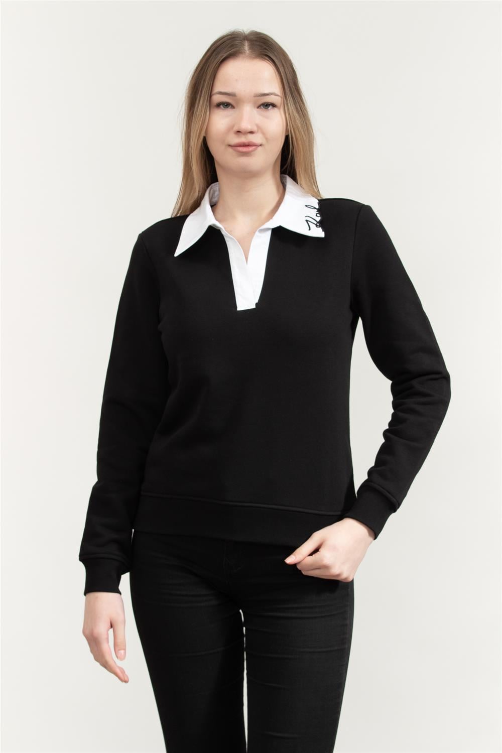 Karl Lagerfeld Signature Collar Kadın V Yaka Sweatshirt