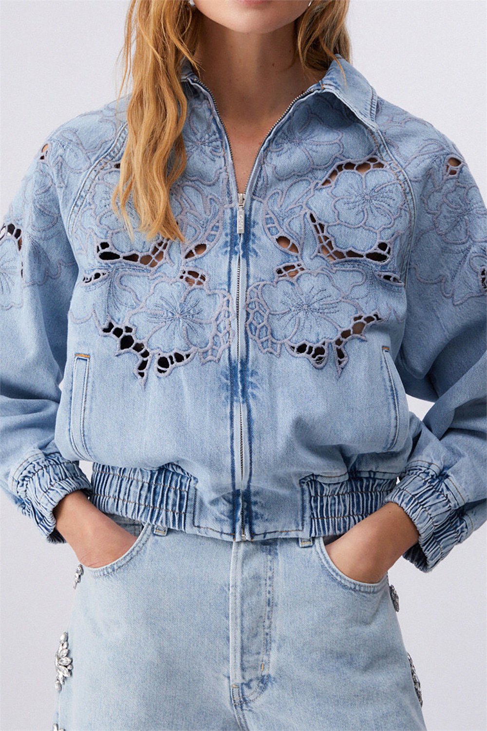 Liu Jo Bomber Denim Embroidery Kadın Kot Mont Mavi