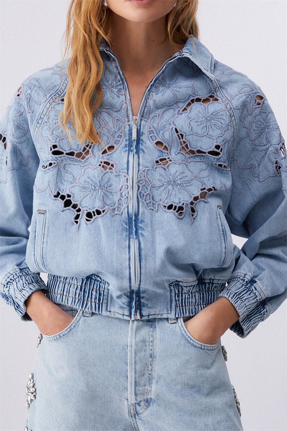 Liu Jo Bomber Denim Embroidery Kadın Kot Mont Mavi