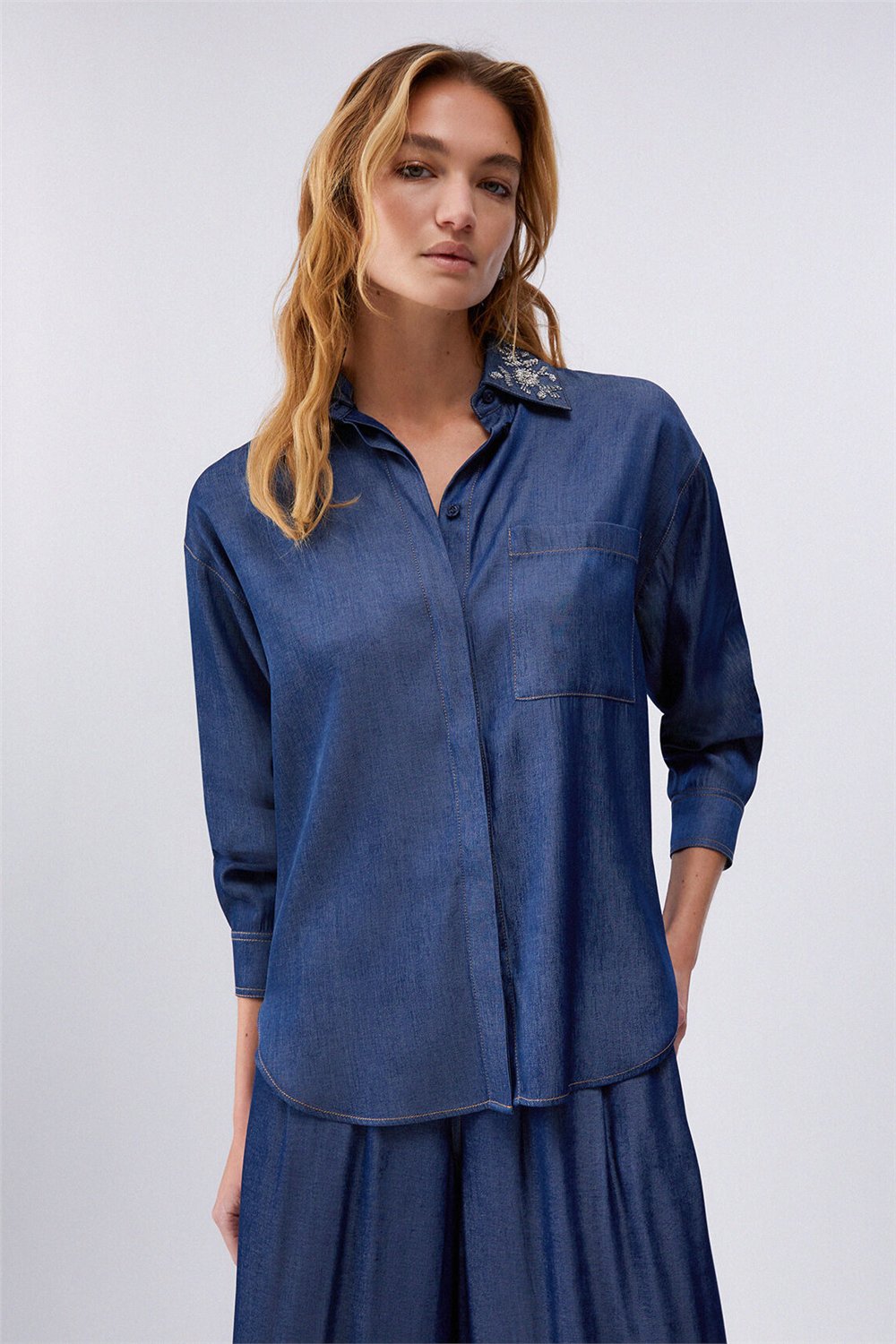 Liu Jo Camicia Denim Chambray Kadın Kot Gömlek Çok Renkli