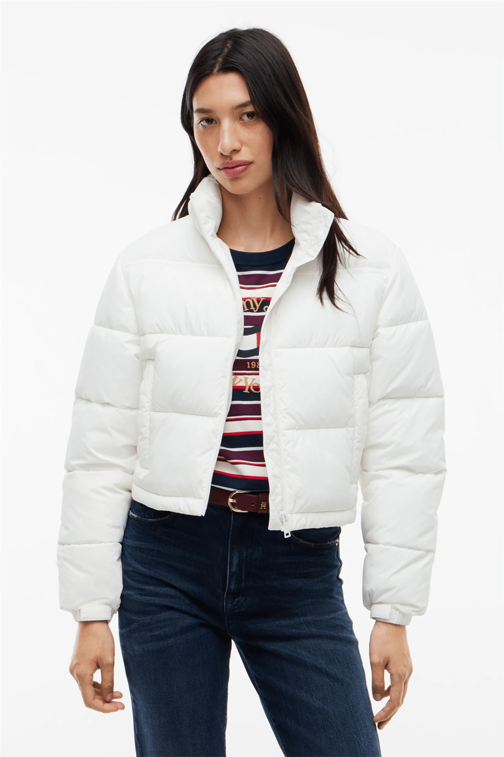 Tommy Hilfiger Tjw Flag Back Crop Ess Puffer Kadın Şişme Mont Beyaz