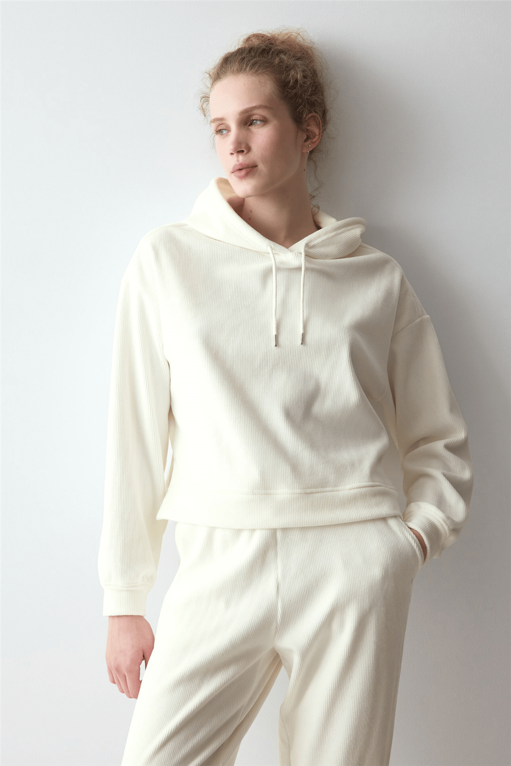 Triumph Velour Rib Hoodie Kadın Kapüşonlu Sweatshirt Beyaz