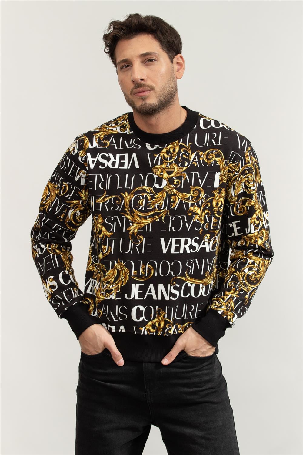 Versace Jeans Couture R Print Logo Baroque Erkek Bisiklet Yaka Sweatshirt