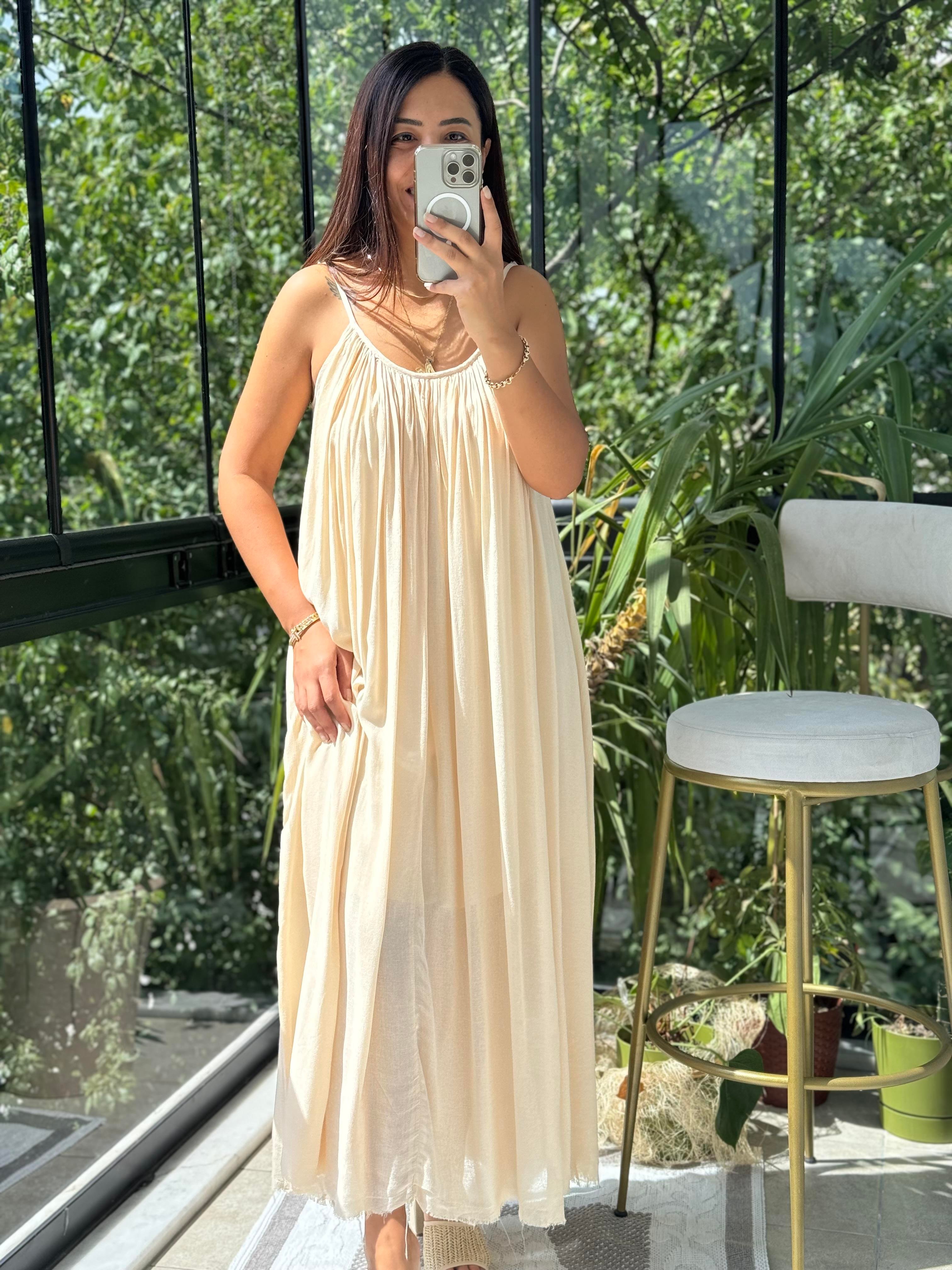 Askılı Keten Elbise Taş