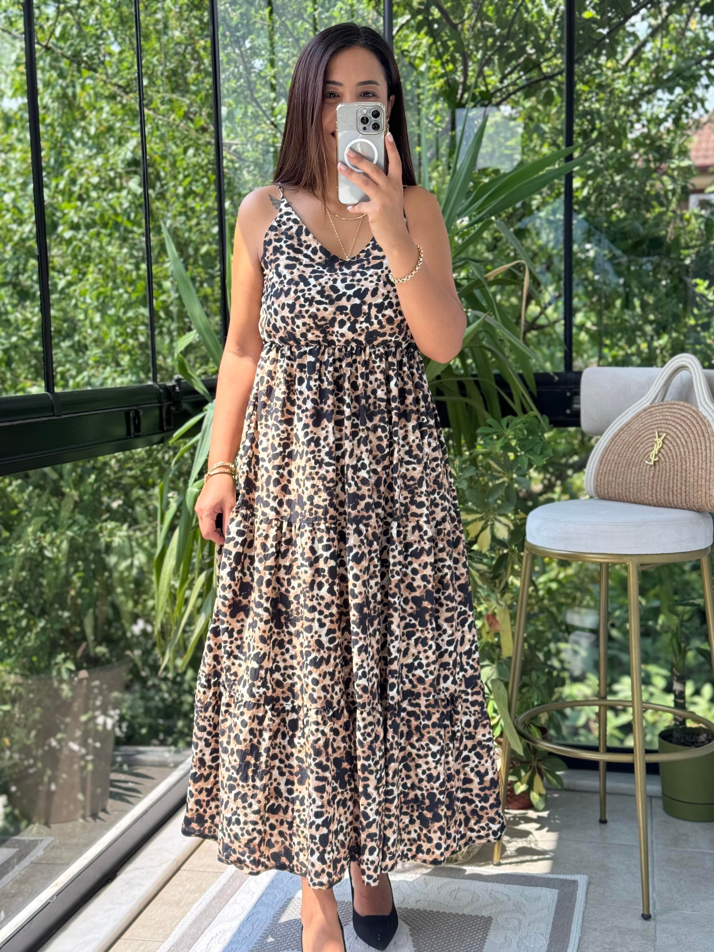 Askılı Leopar Elbise 