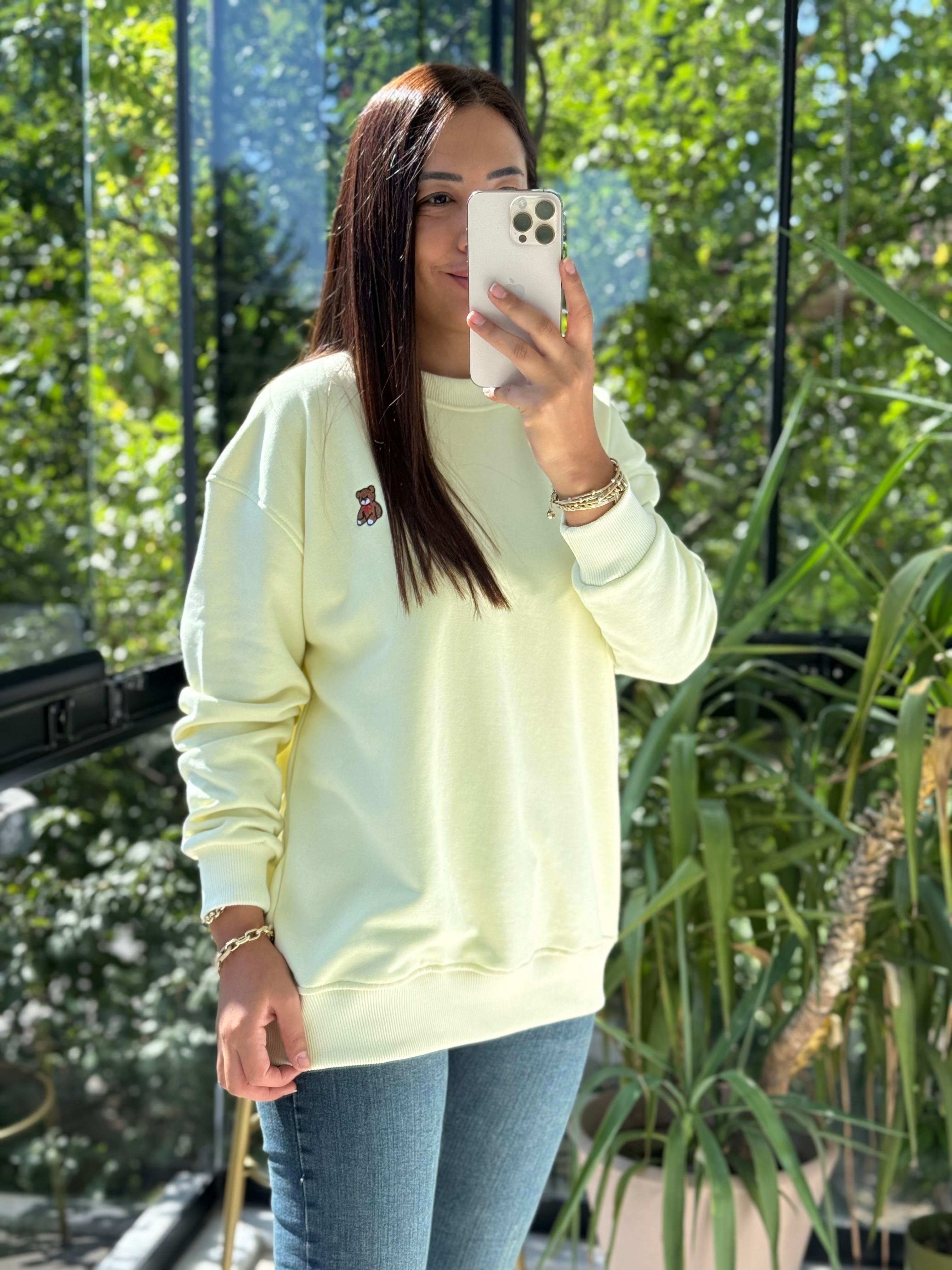 Ayıcık Nakışlı Basic Sweatshirt Limon Sarısı