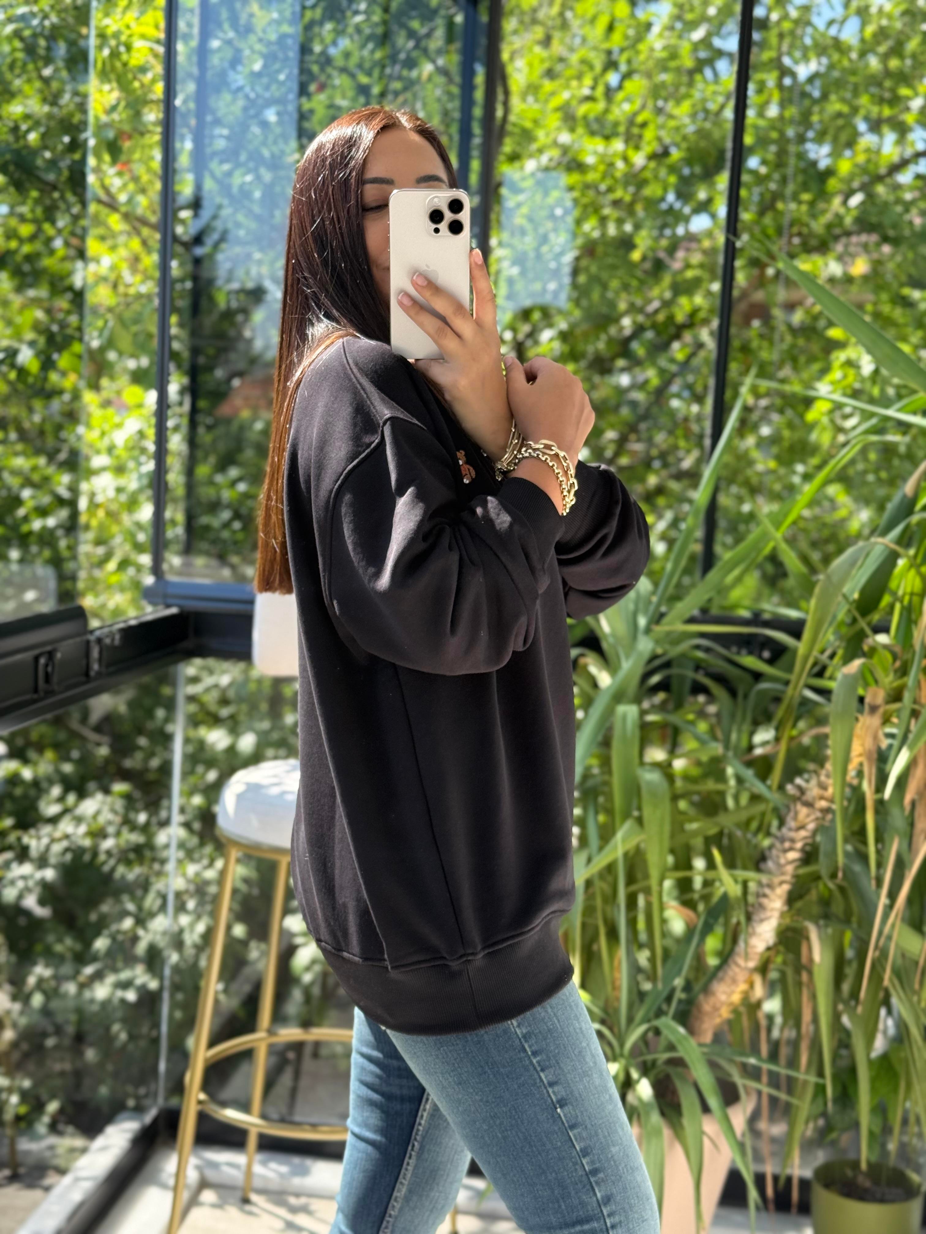 Ayıcık Nakışlı Basic Sweatshirt Siyah