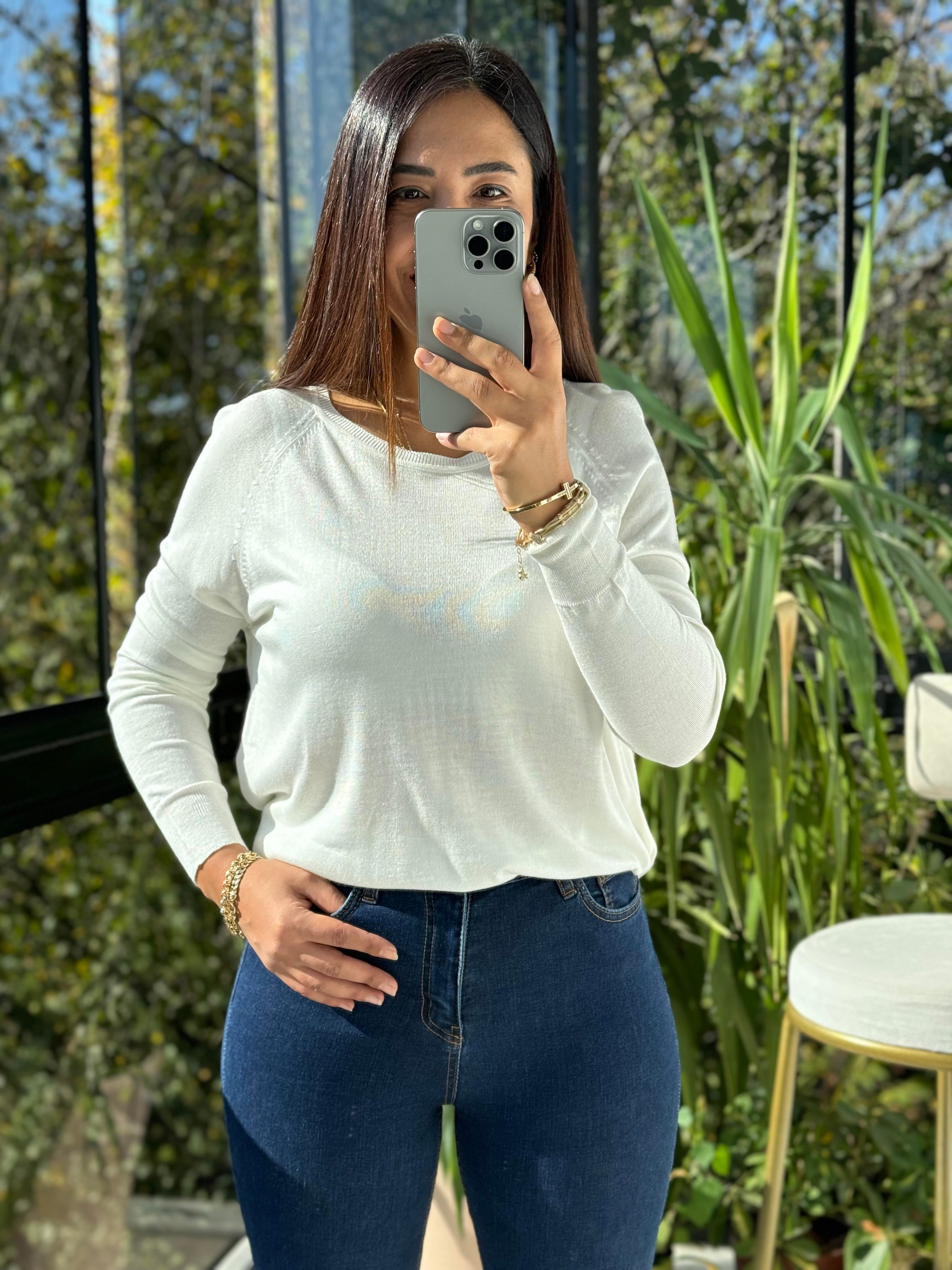 Bisiklet Yaka Basic İnce Triko Ekru