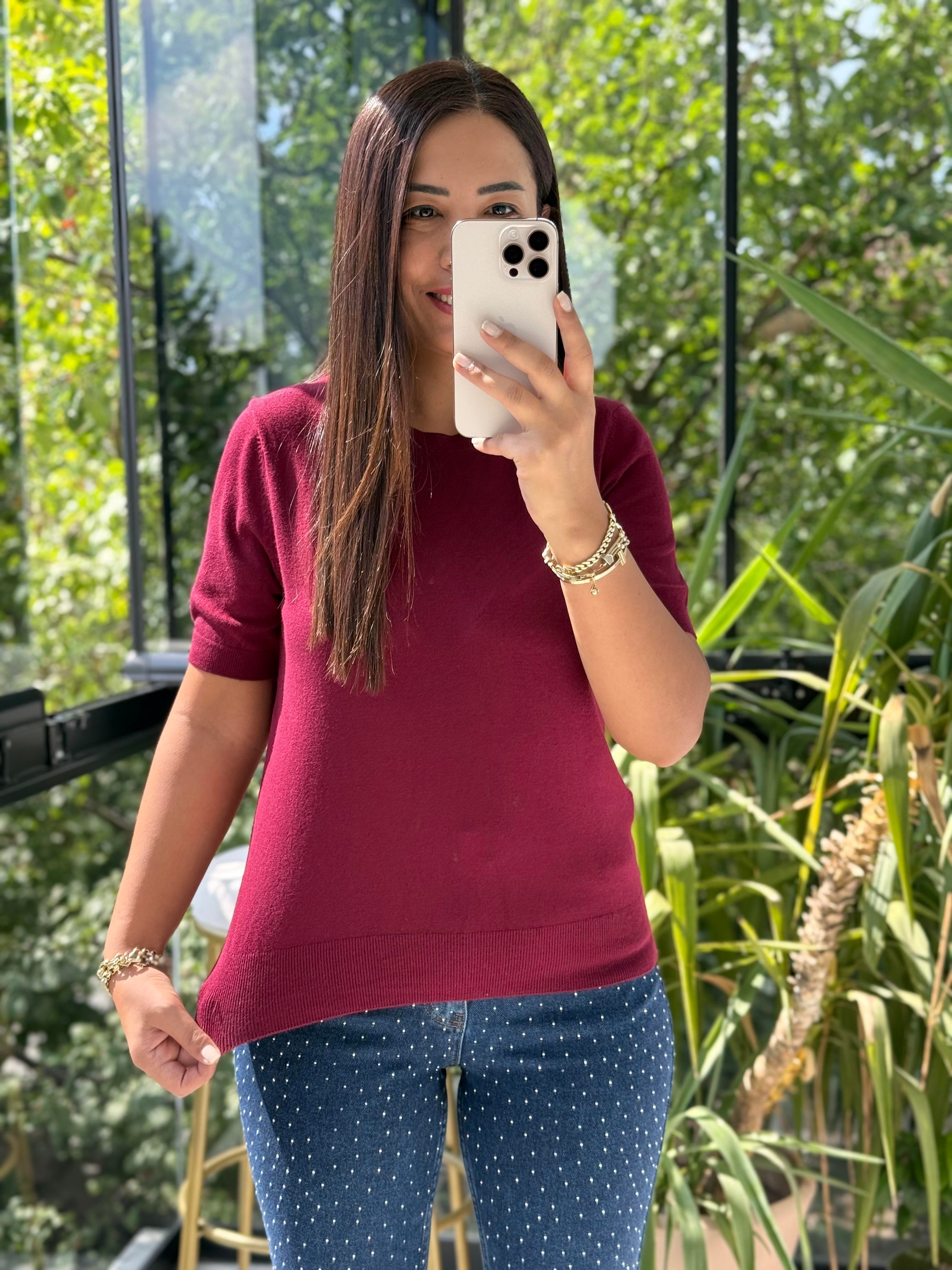 Bisiklet Yaka Kısa Kol Basic Triko Bluz Bordo