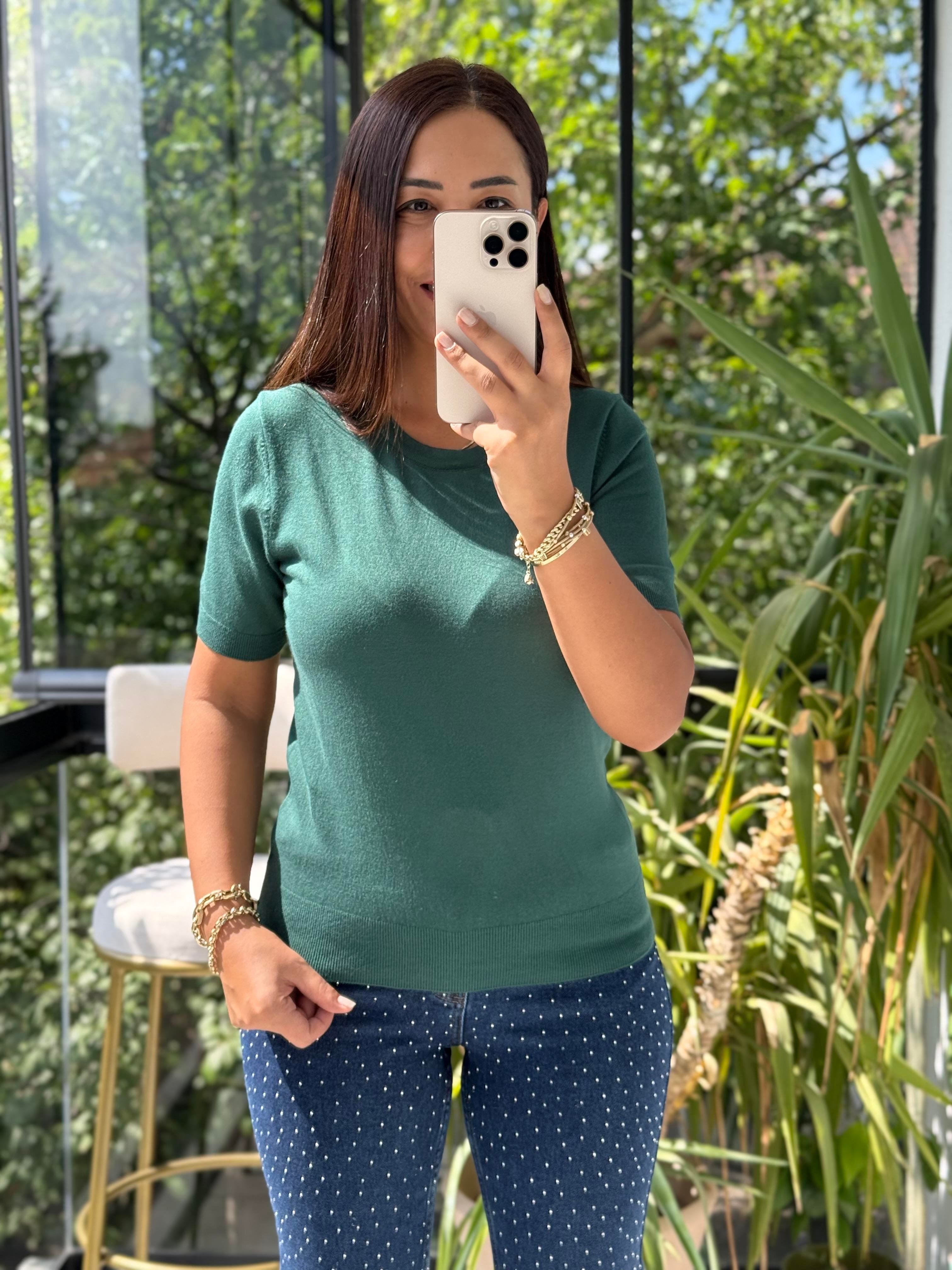 Bisiklet Yaka Kısa Kol Basic Triko Bluz Zümrüt