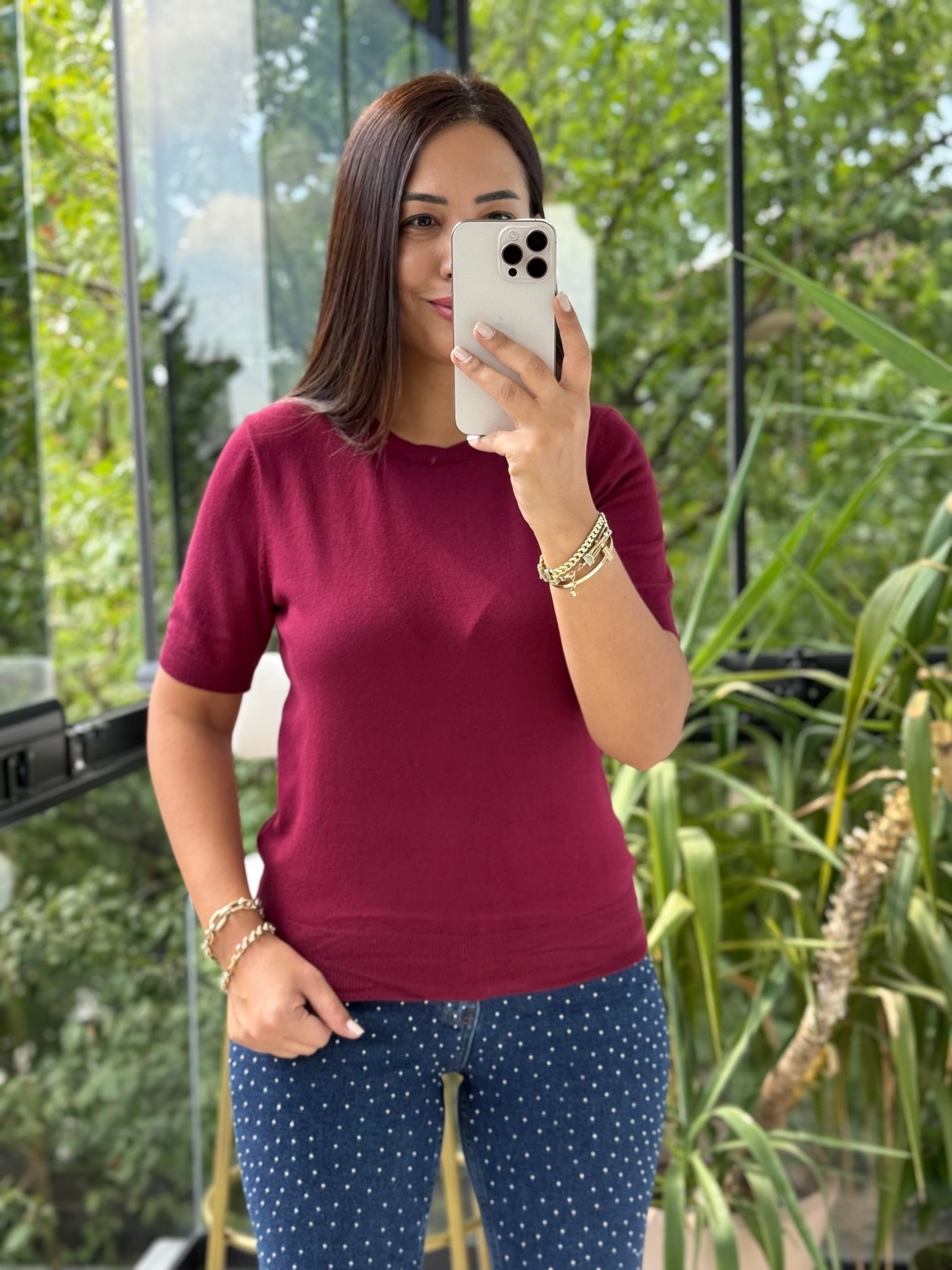 Bisiklet Yaka Kısa Kol Basic Triko Bluz Bordo