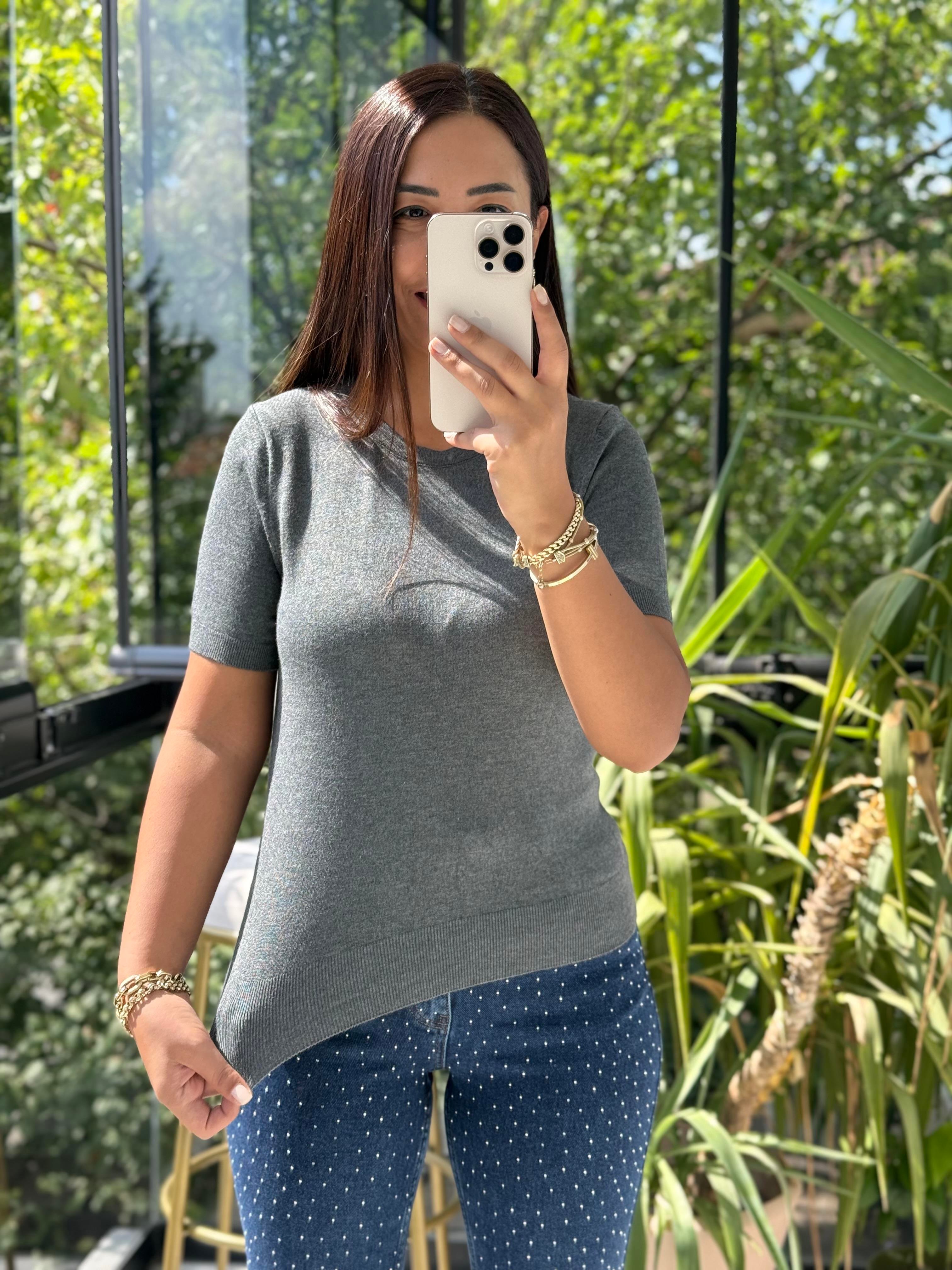 Bisiklet Yaka Kısa Kol Basic Triko Bluz Füme