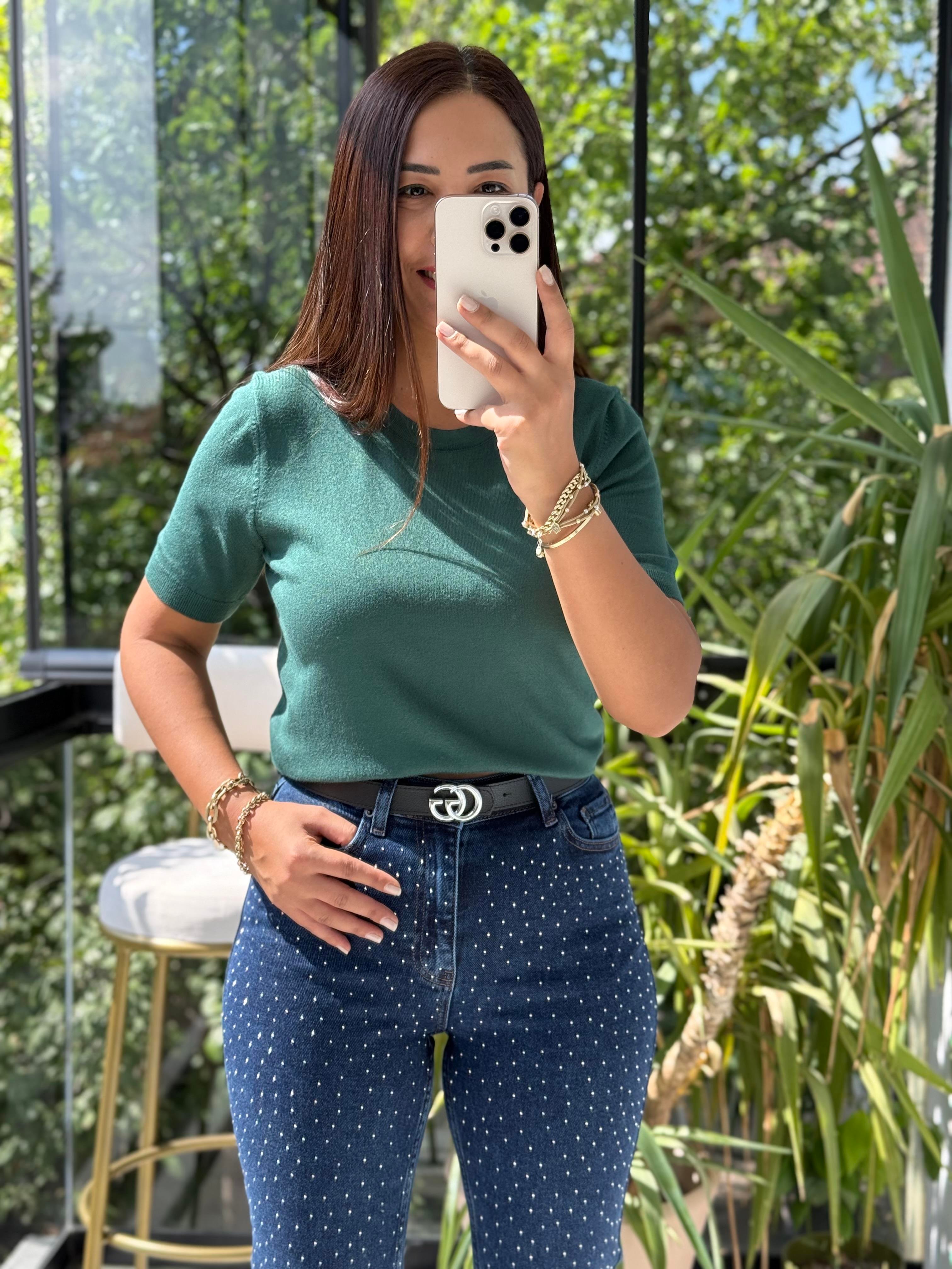 Bisiklet Yaka Kısa Kol Basic Triko Bluz Zümrüt