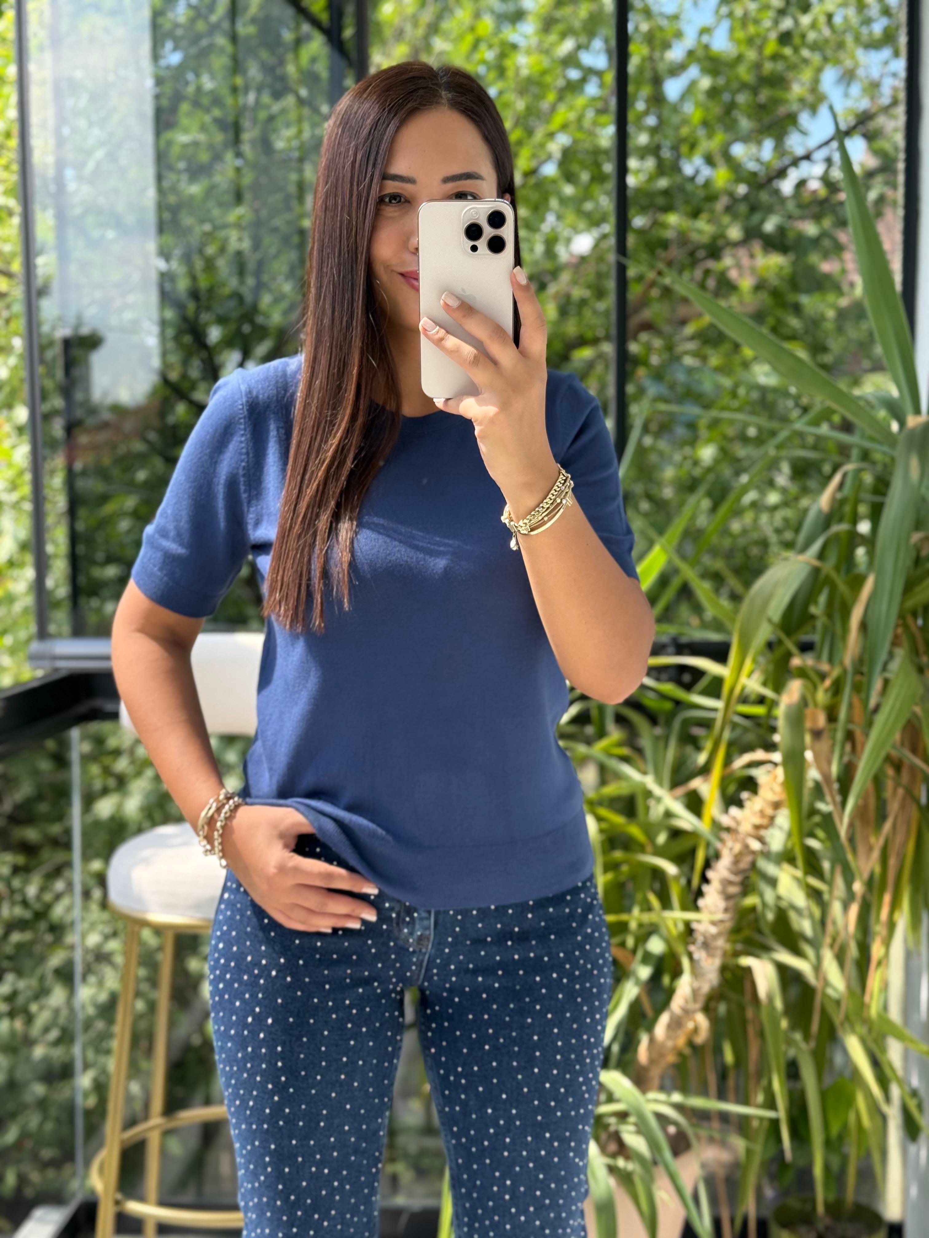 Bisiklet Yaka Kısa Kol Basic Triko Bluz İndigo Mavi