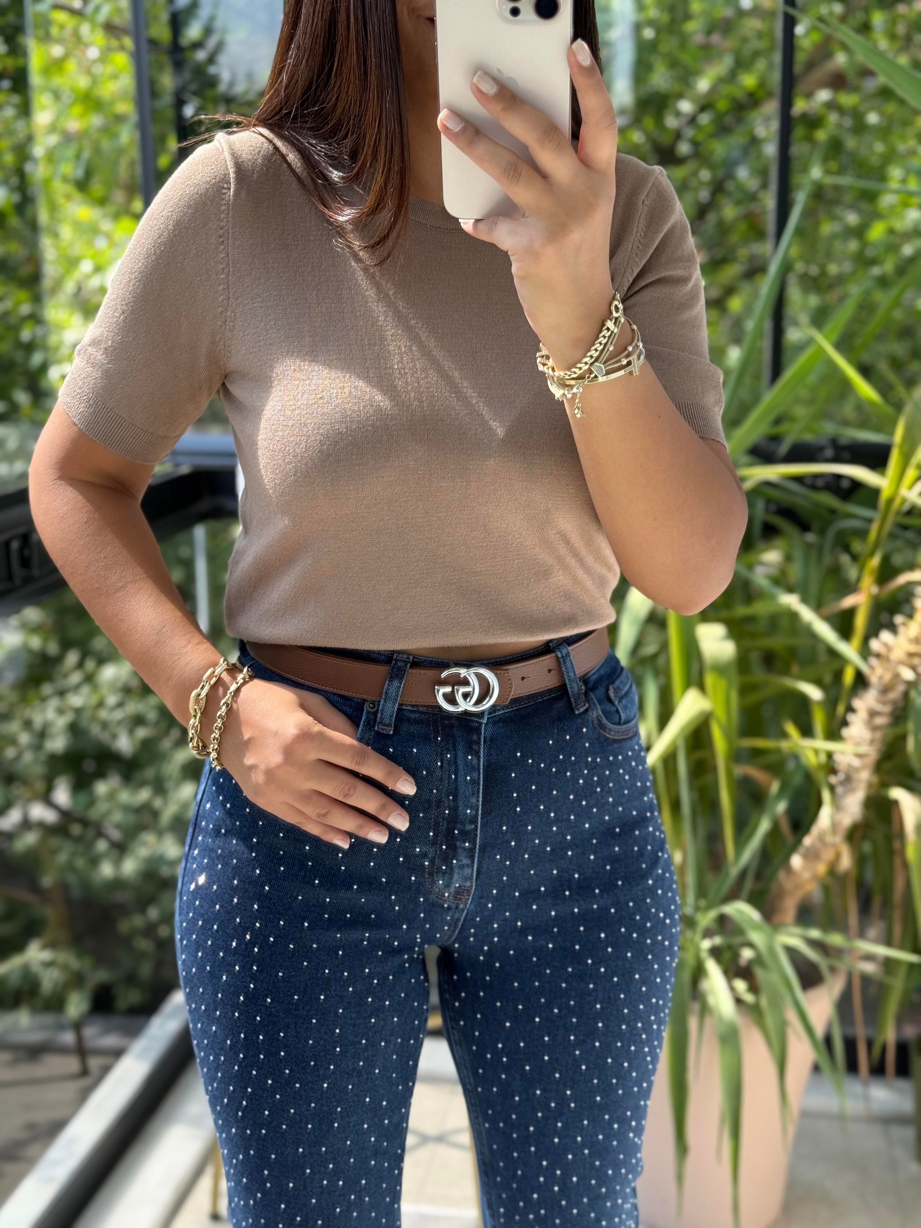 Bisiklet Yaka Kısa Kol Basic Triko Bluz Vizon