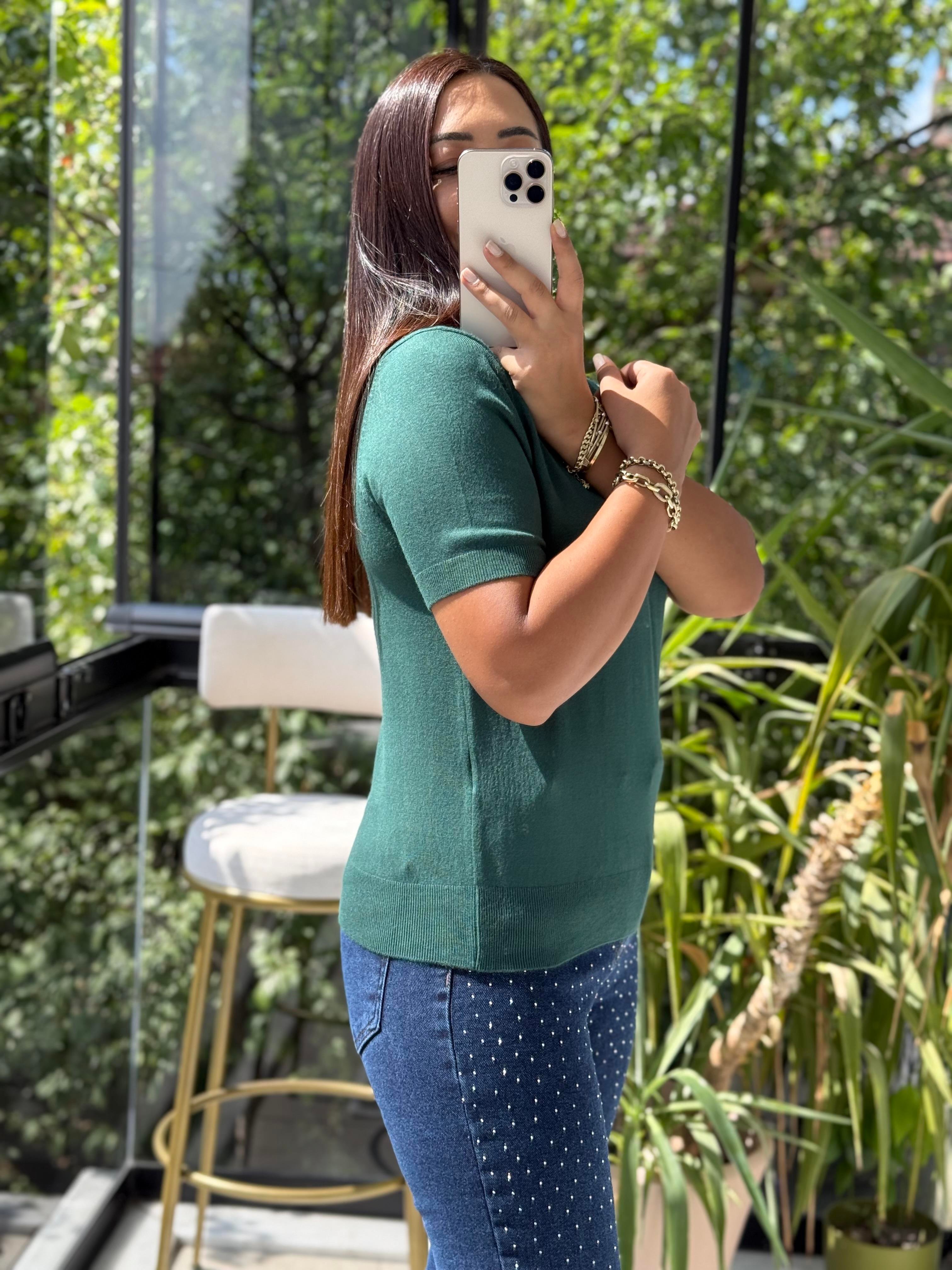 Bisiklet Yaka Kısa Kol Basic Triko Bluz Zümrüt