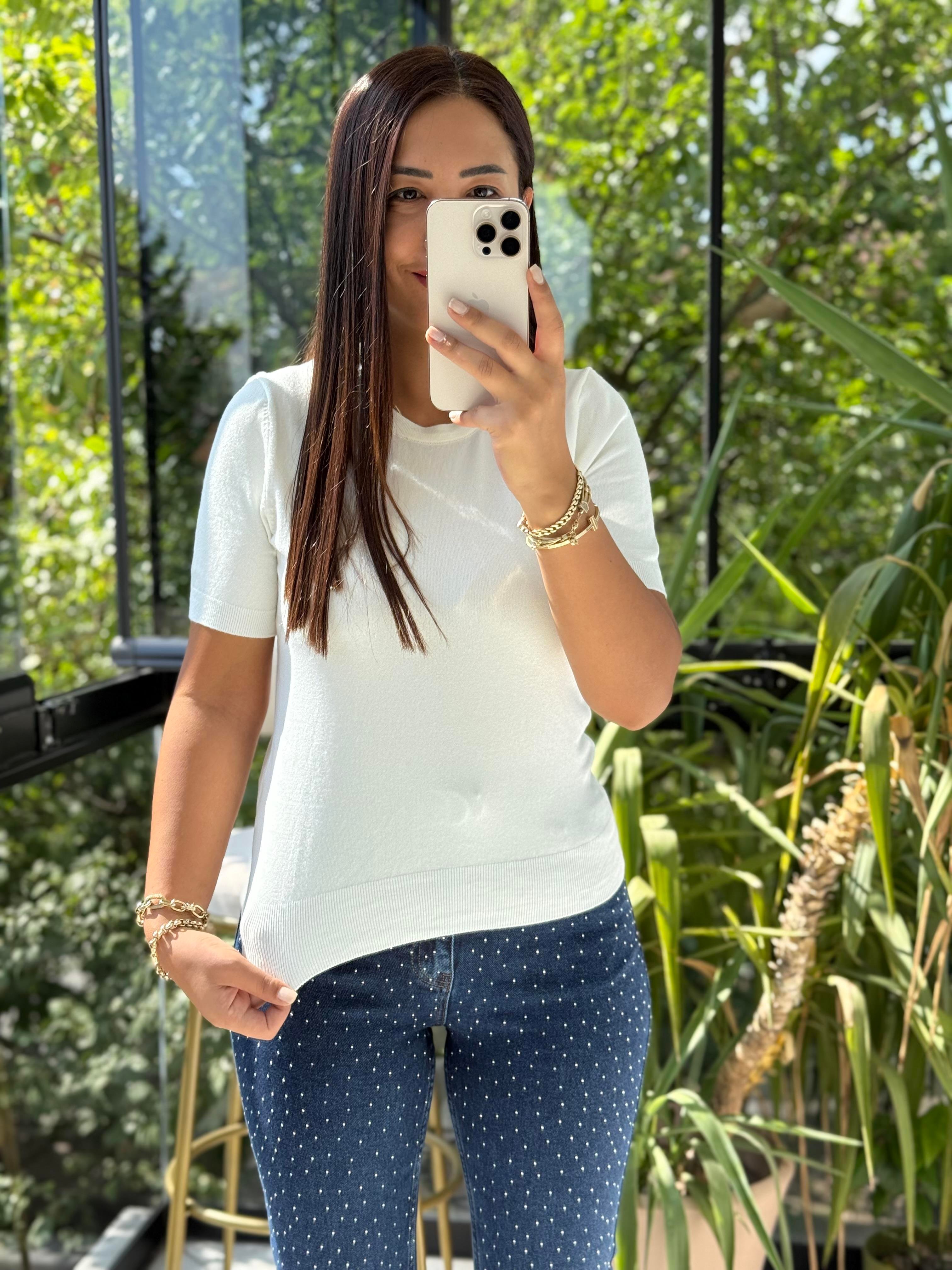 Bisiklet Yaka Kısa Kol Basic Triko Bluz Ekru