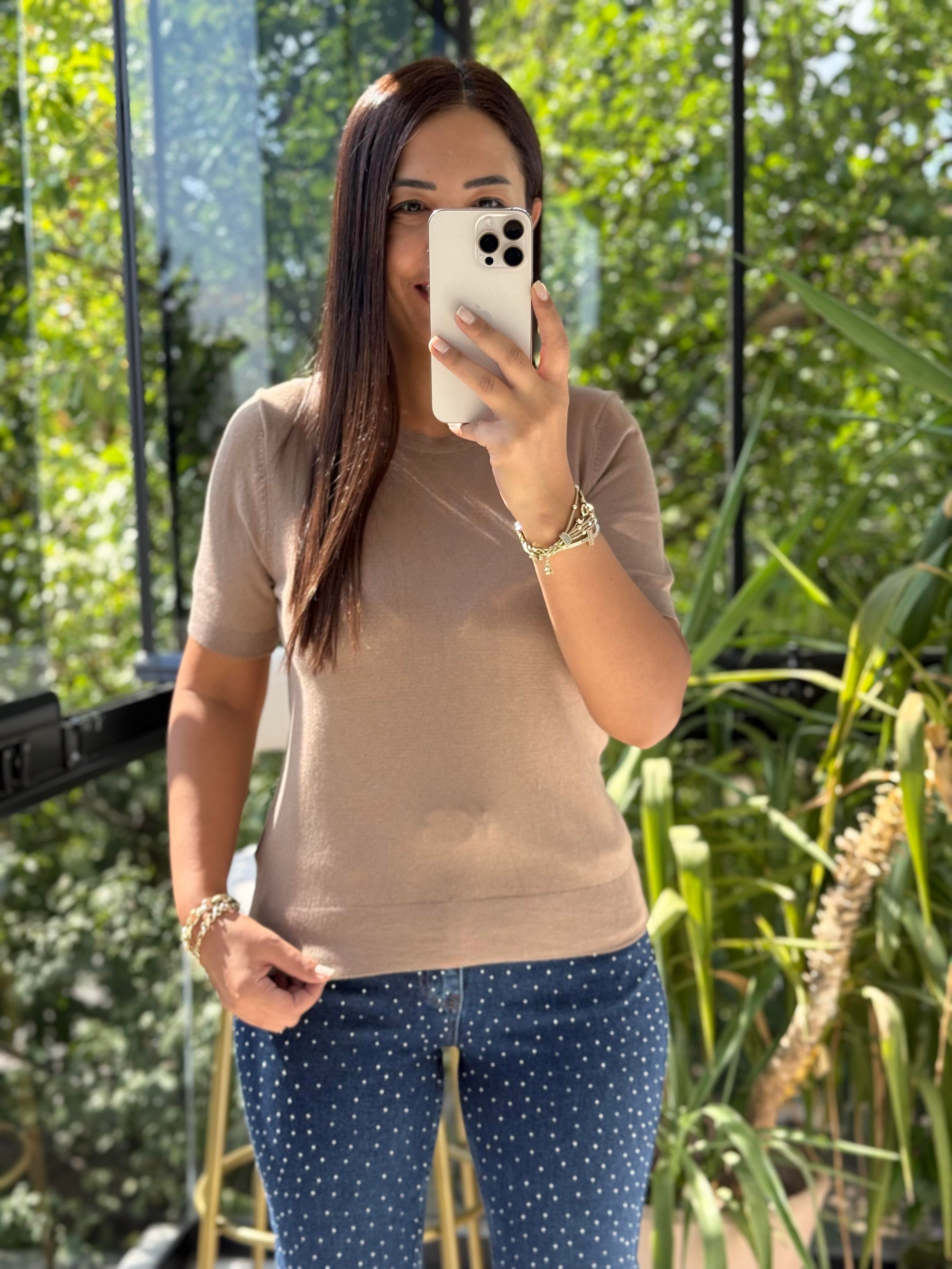 Bisiklet Yaka Kısa Kol Basic Triko Bluz Vizon