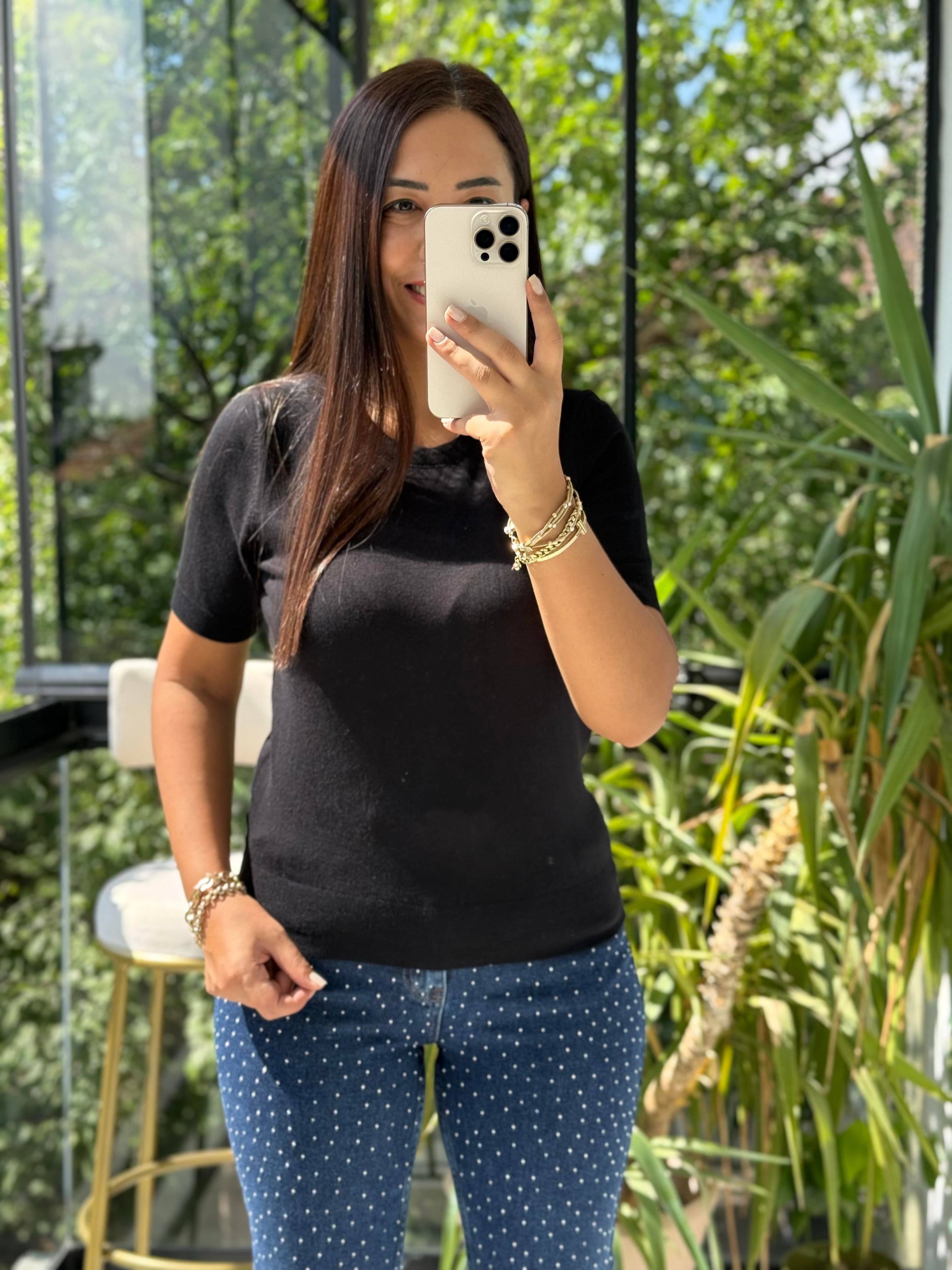 Bisiklet Yaka Kısa Kol Basic Triko Bluz Siyah