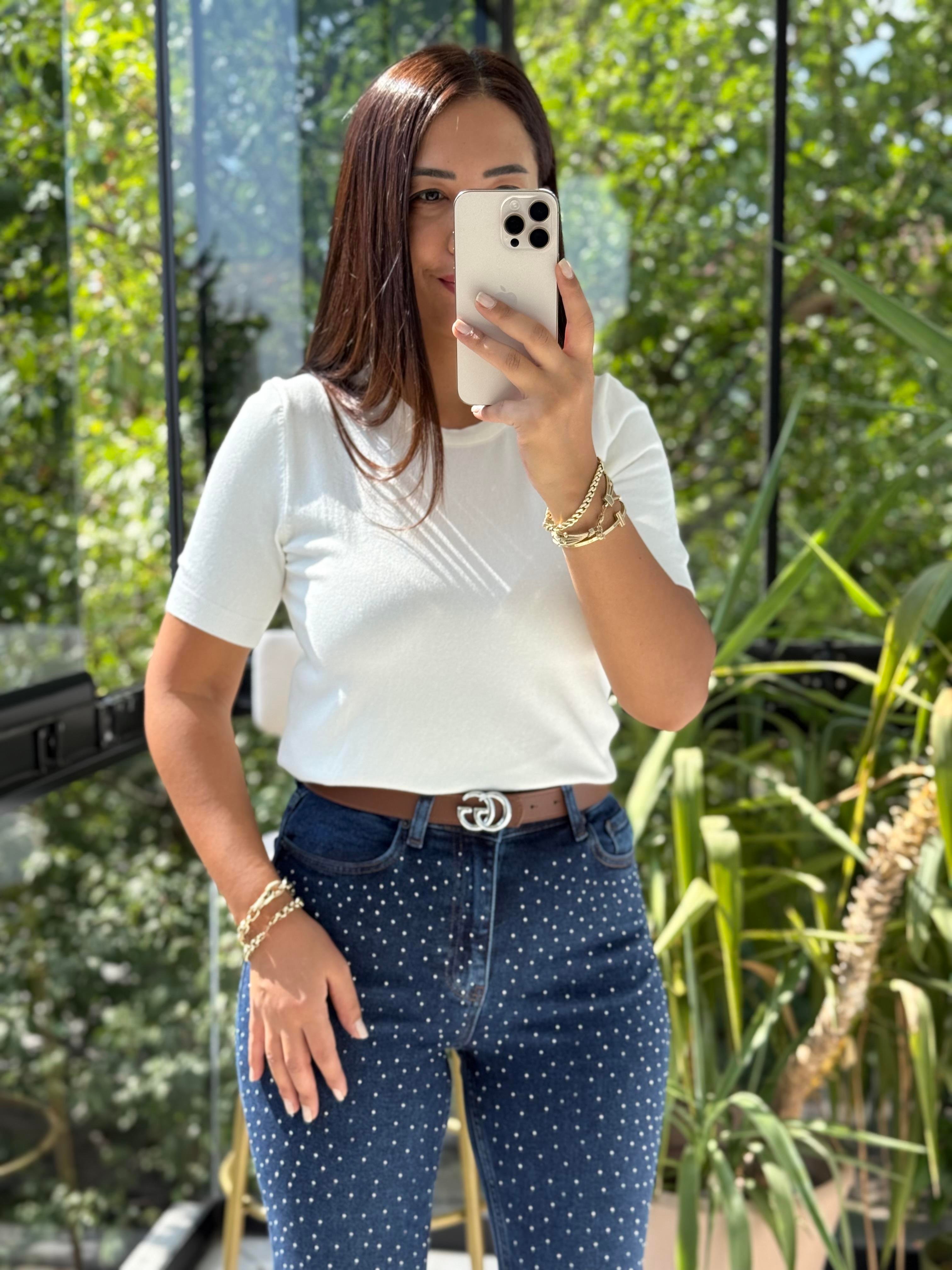 Bisiklet Yaka Kısa Kol Basic Triko Bluz Ekru