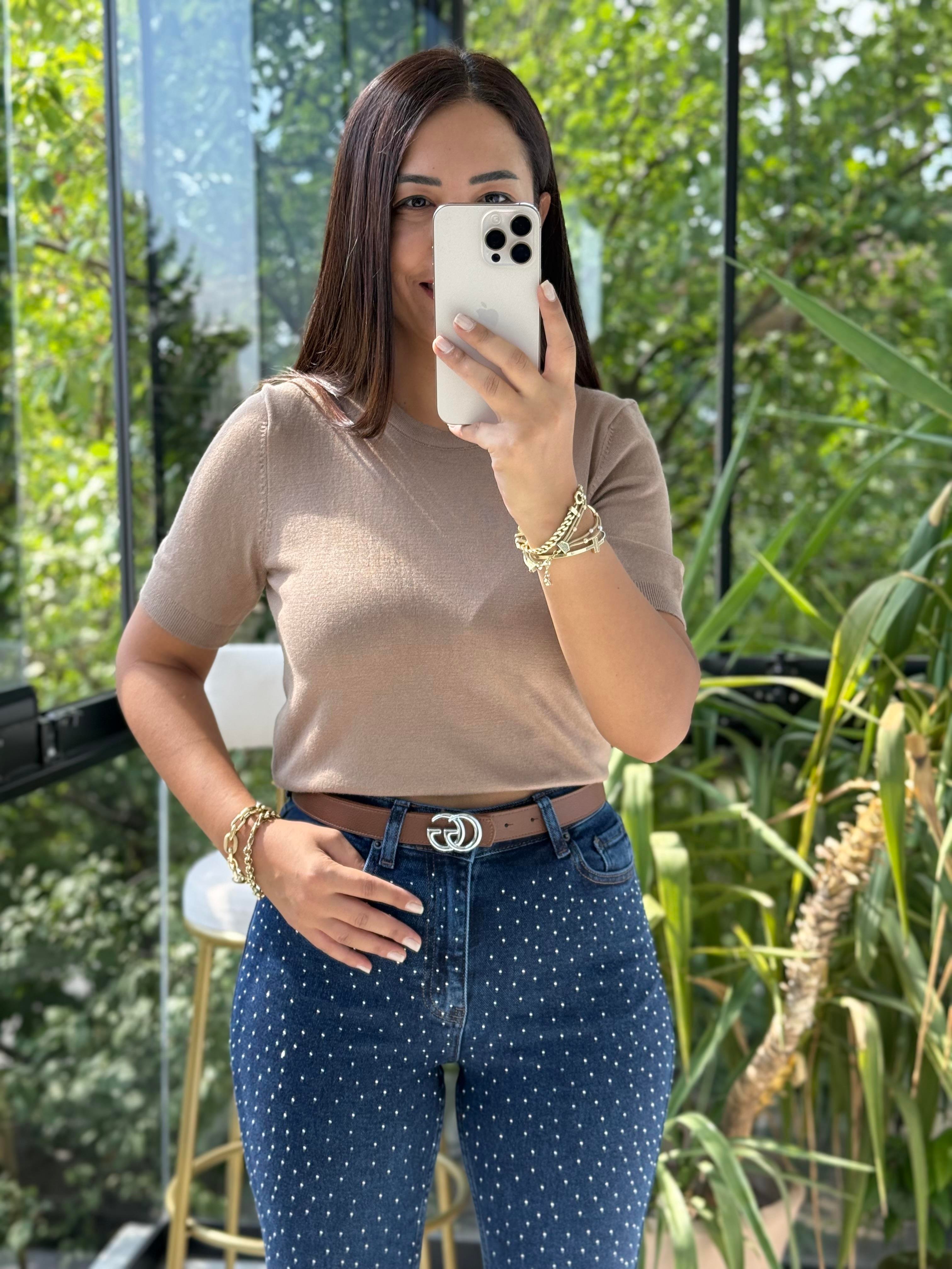 Bisiklet Yaka Kısa Kol Basic Triko Bluz Vizon