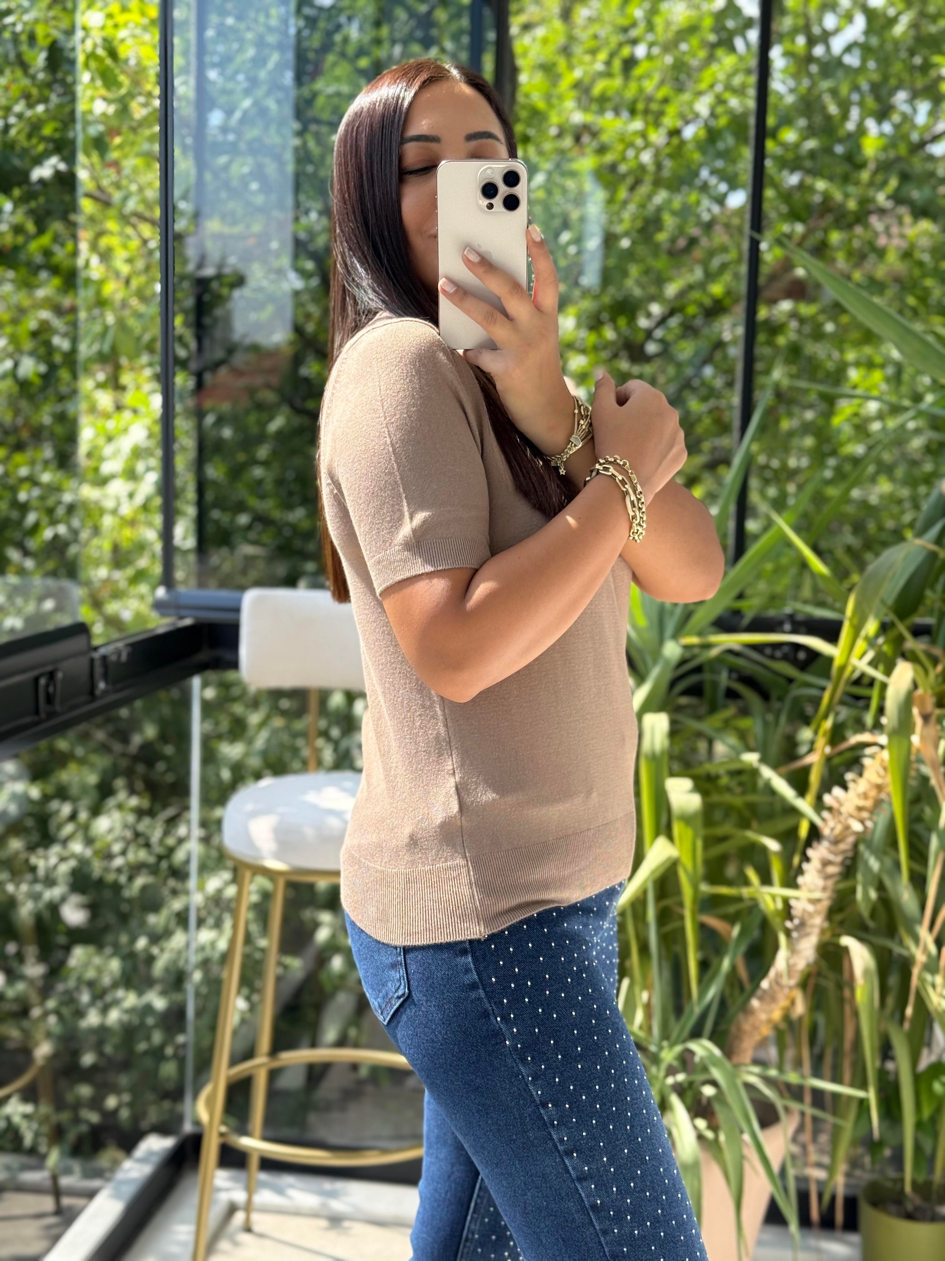 Bisiklet Yaka Kısa Kol Basic Triko Bluz Vizon