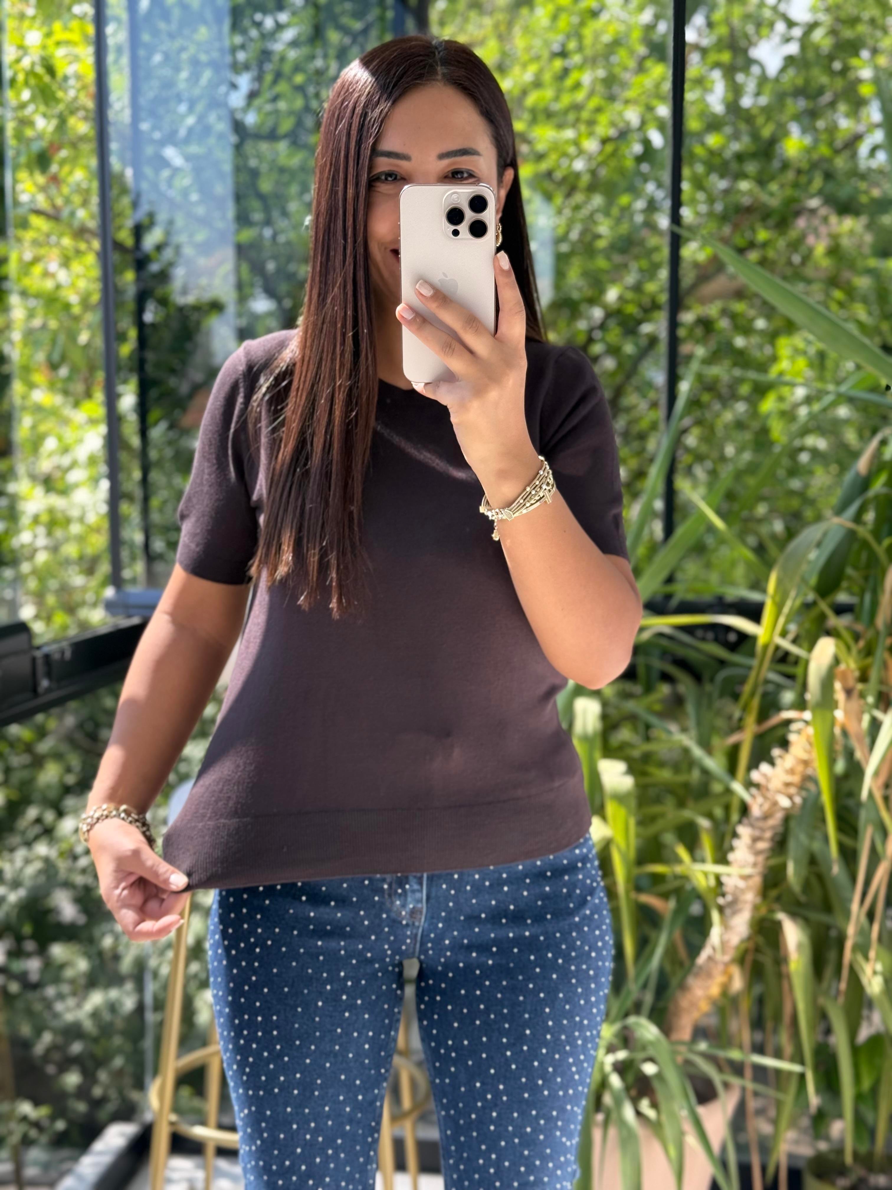 Bisiklet Yaka Kısa Kol Basic Triko Bluz Koyu Kahve