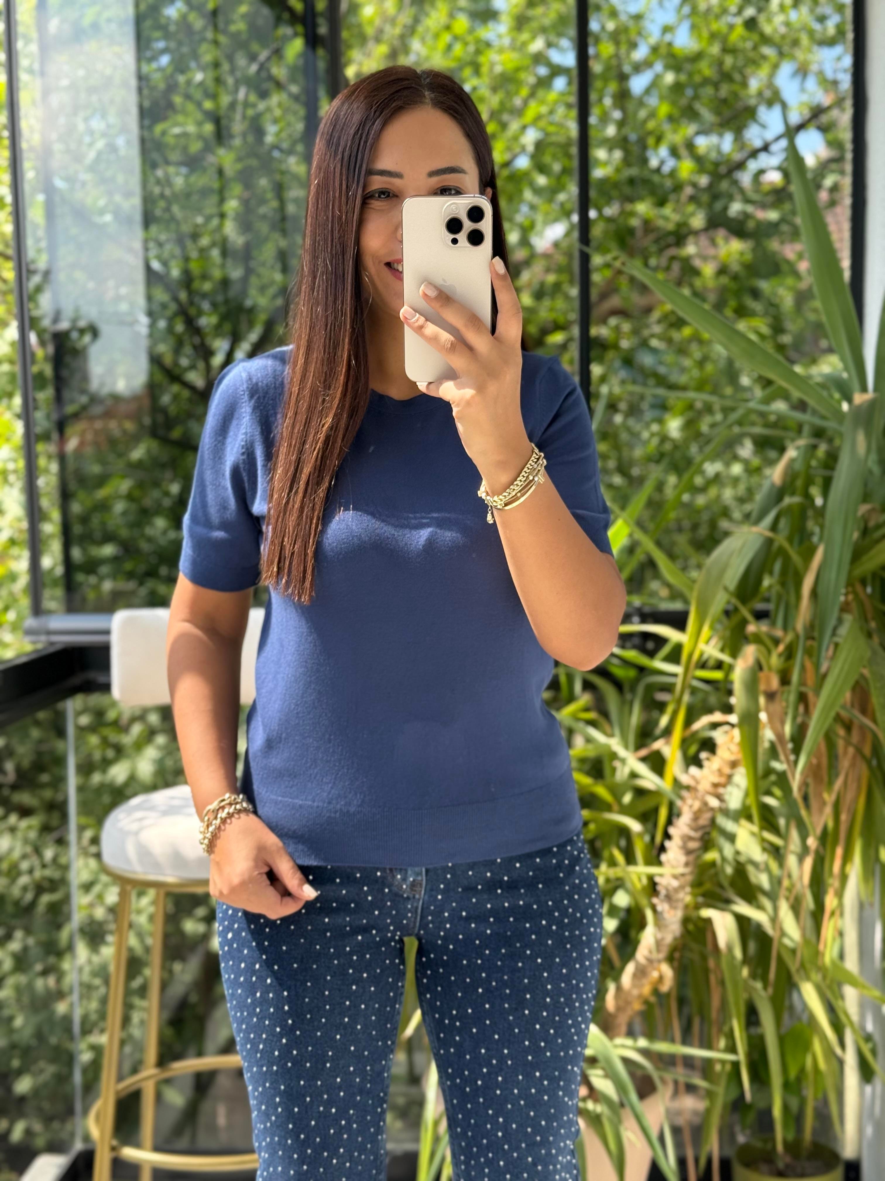 Bisiklet Yaka Kısa Kol Basic Triko Bluz İndigo Mavi