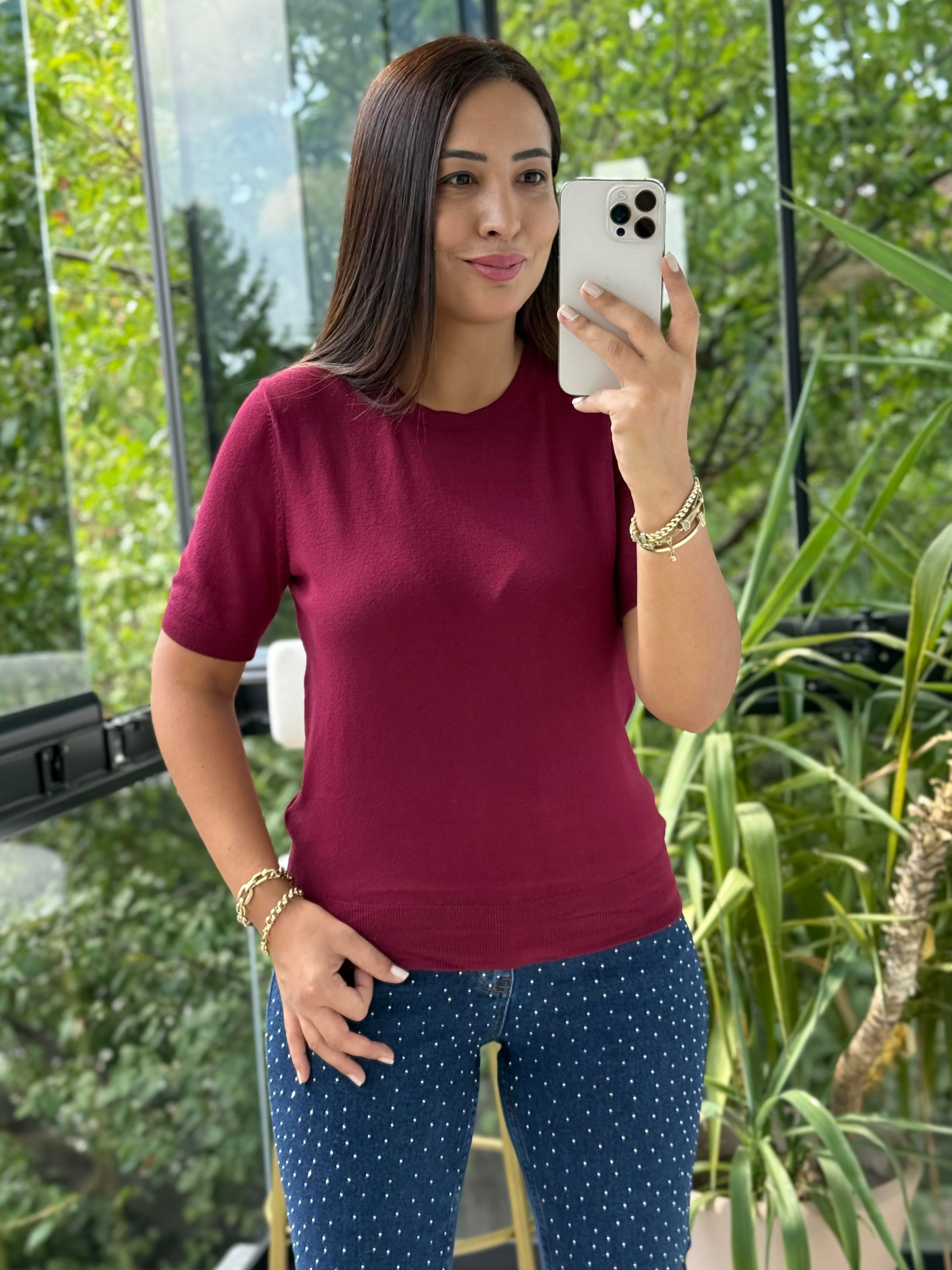 Bisiklet Yaka Kısa Kol Basic Triko Bluz Bordo