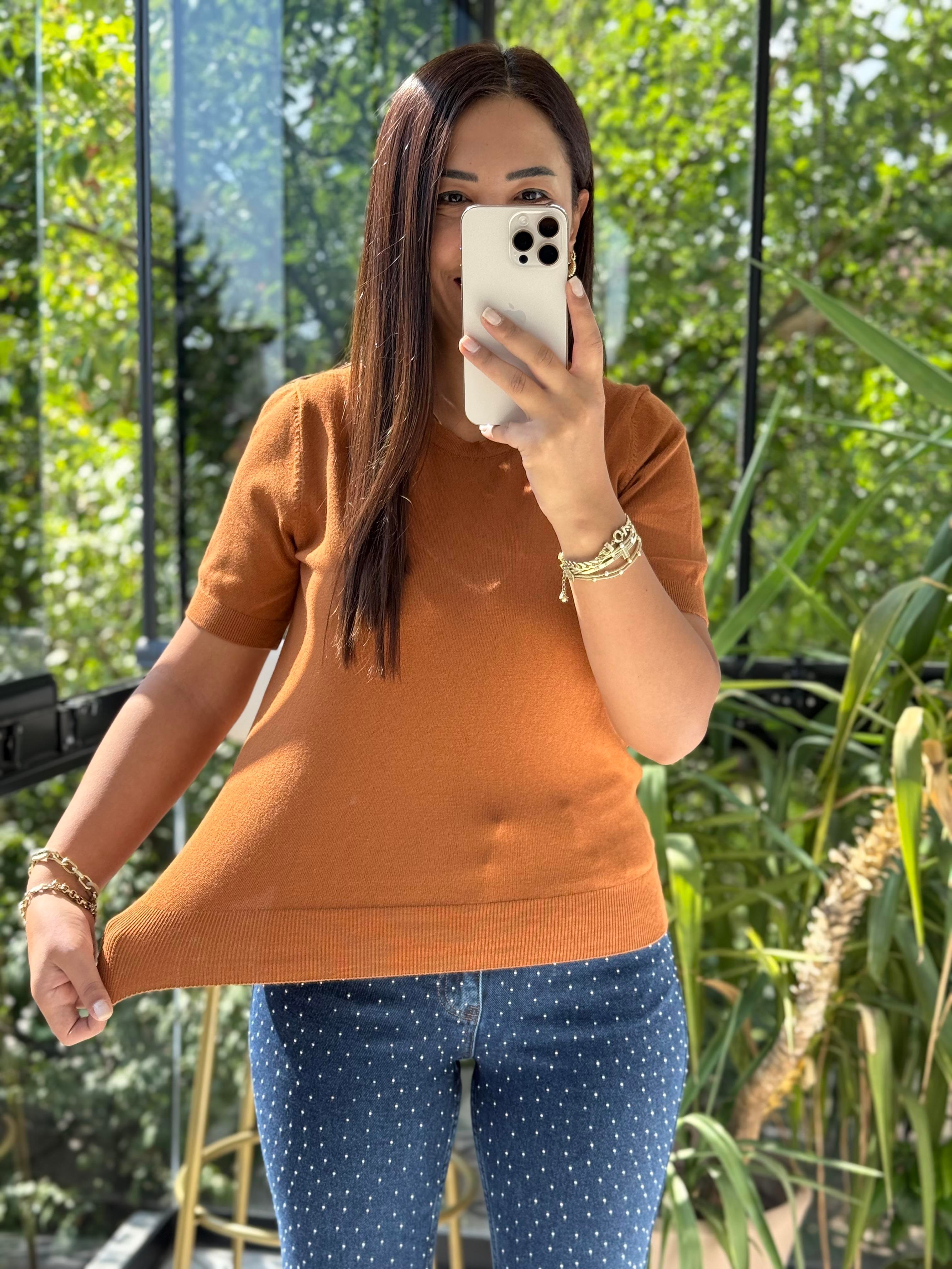 Bisiklet Yaka Kısa Kol Basic Triko Bluz Karamel